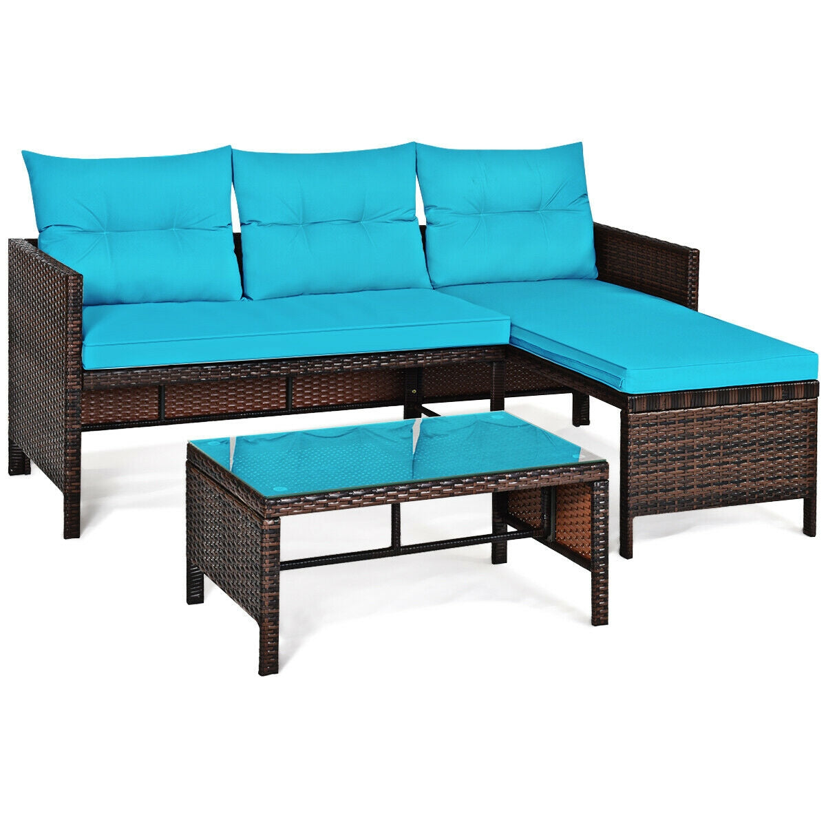3 Pieces Patio Wicker Rattan Sofa Set-TurquoiseÂ