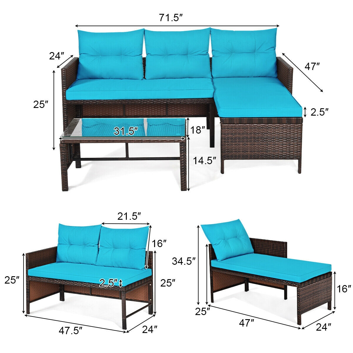 3 Pieces Patio Wicker Rattan Sofa Set-TurquoiseÂ