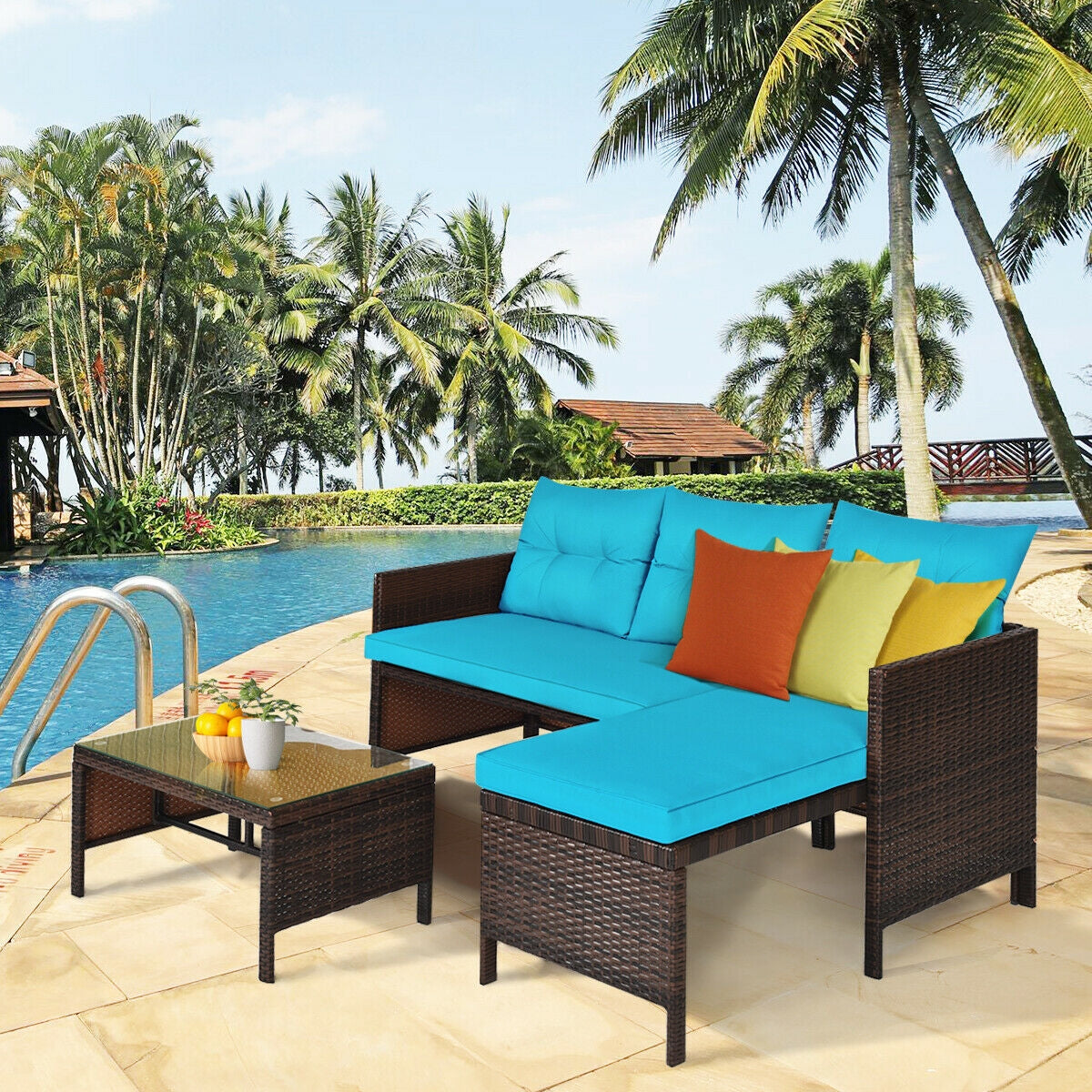 3 Pieces Patio Wicker Rattan Sofa Set-TurquoiseÂ