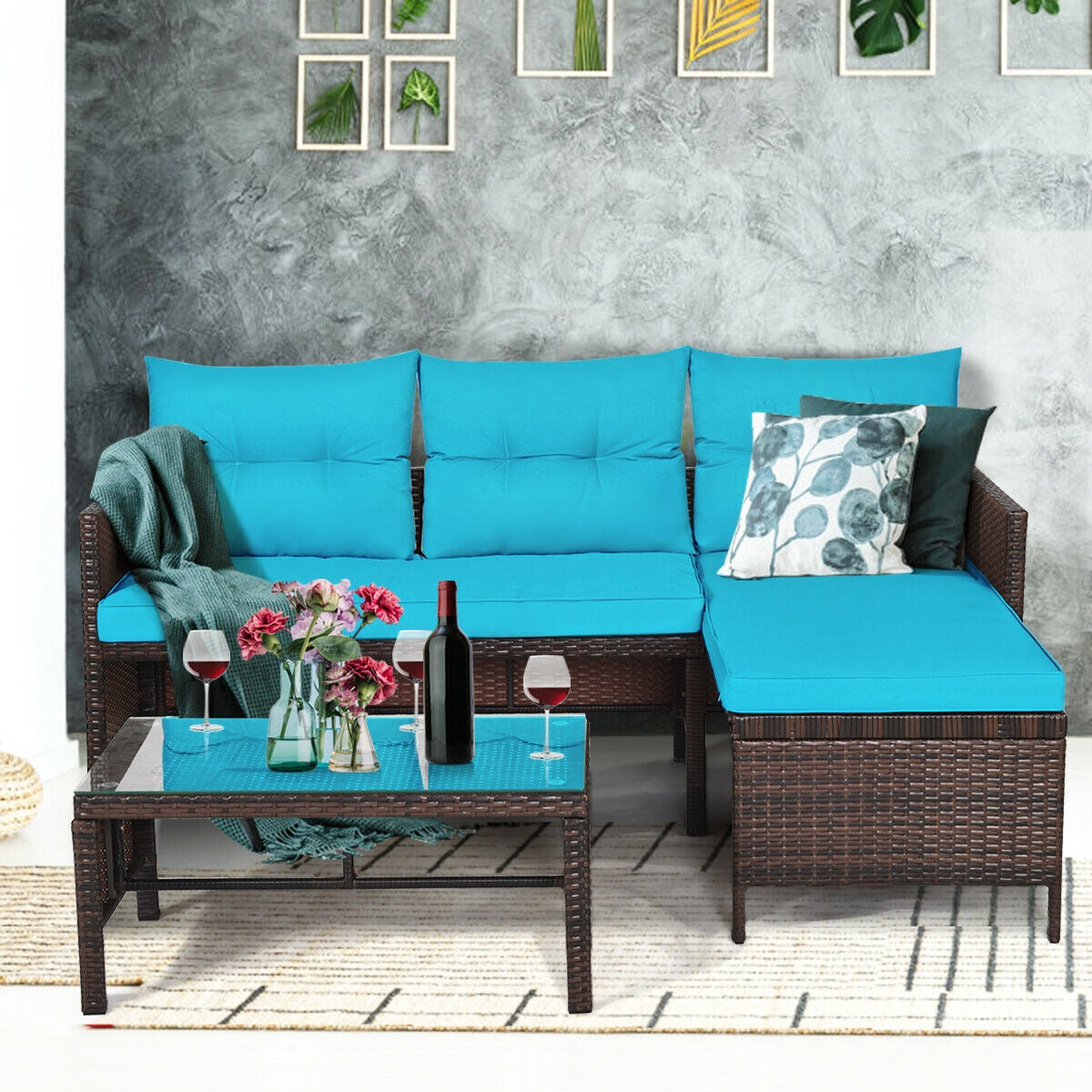 3 Pieces Patio Wicker Rattan Sofa Set-TurquoiseÂ