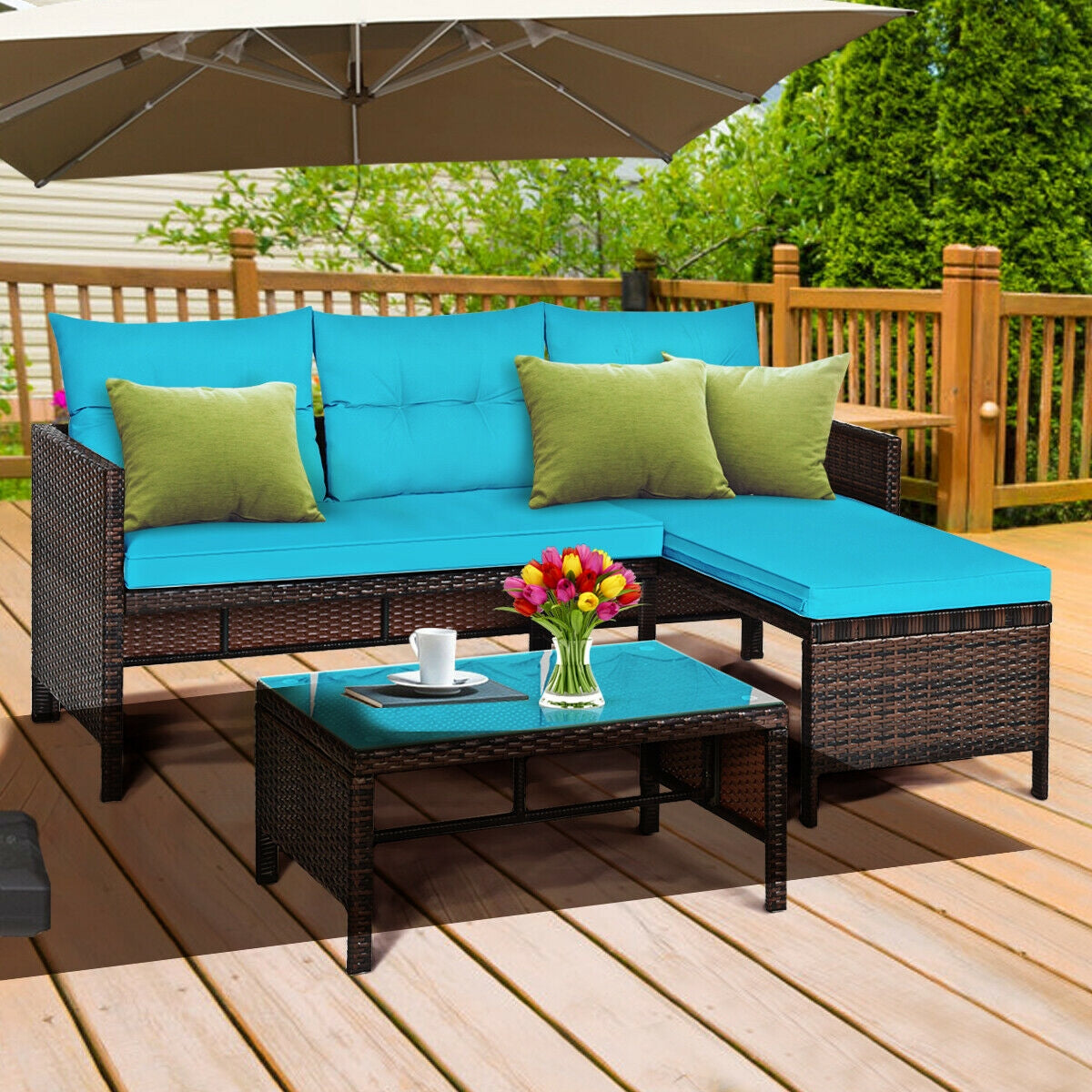 3 Pieces Patio Wicker Rattan Sofa Set-TurquoiseÂ