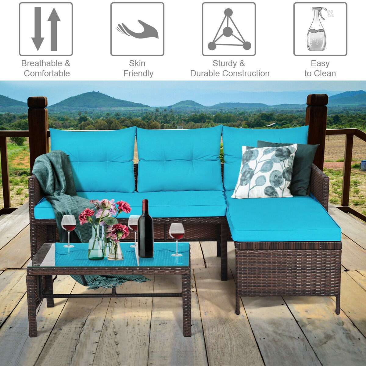 3 Pieces Patio Wicker Rattan Sofa Set-TurquoiseÂ
