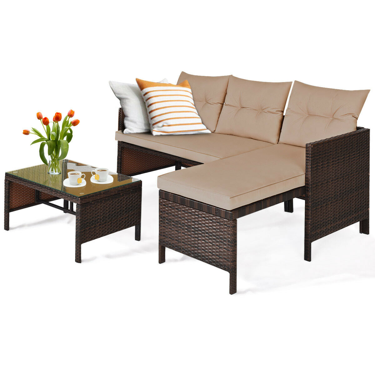 3 Pieces Patio Wicker Rattan Sofa Set-BeigeÂ