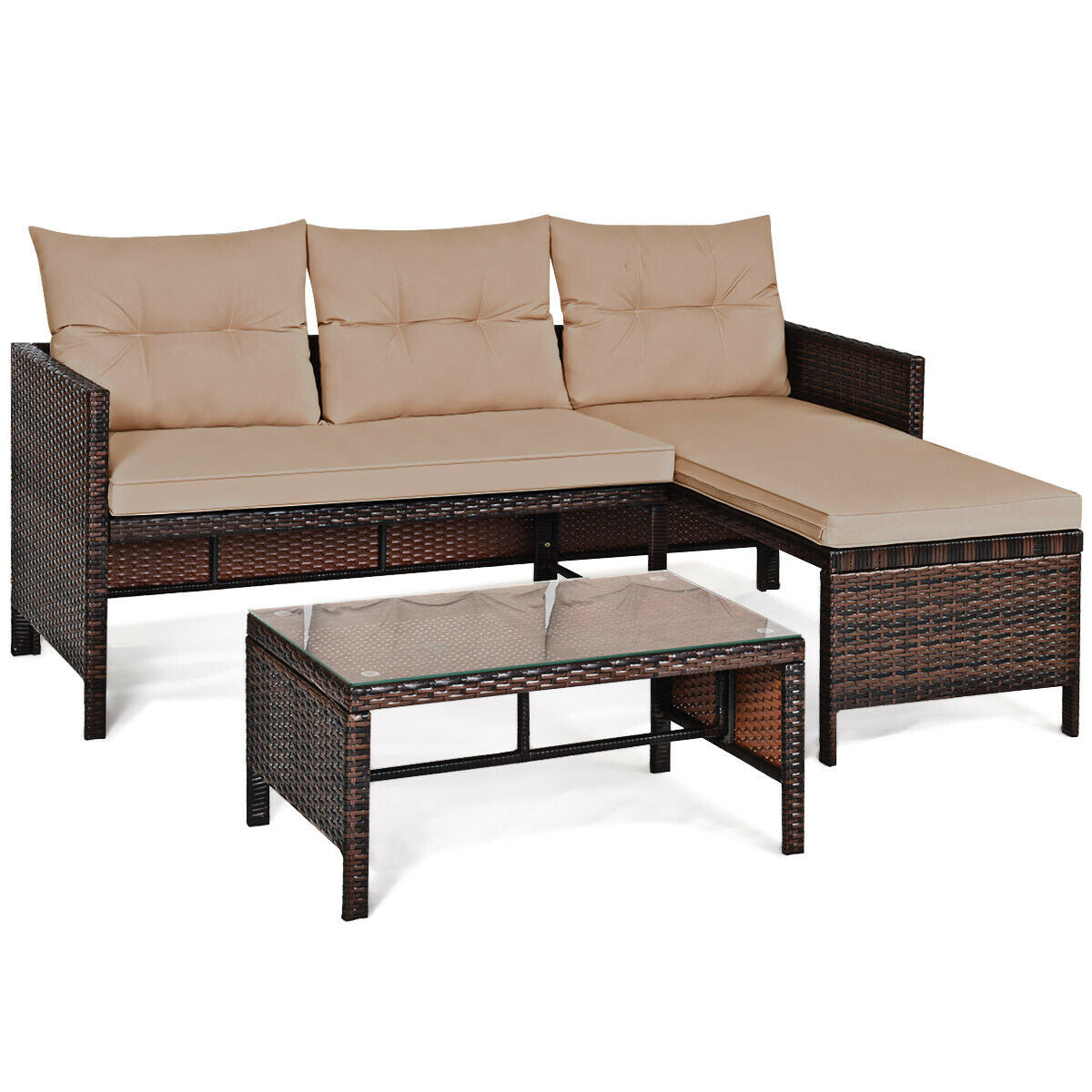 3 Pieces Patio Wicker Rattan Sofa Set-BeigeÂ