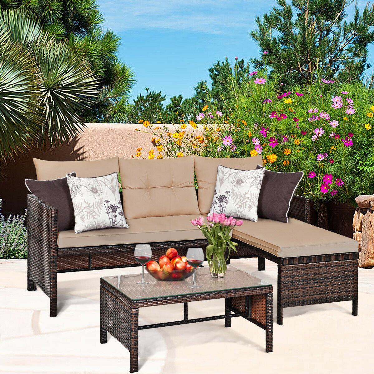 3 Pieces Patio Wicker Rattan Sofa Set-BeigeÂ