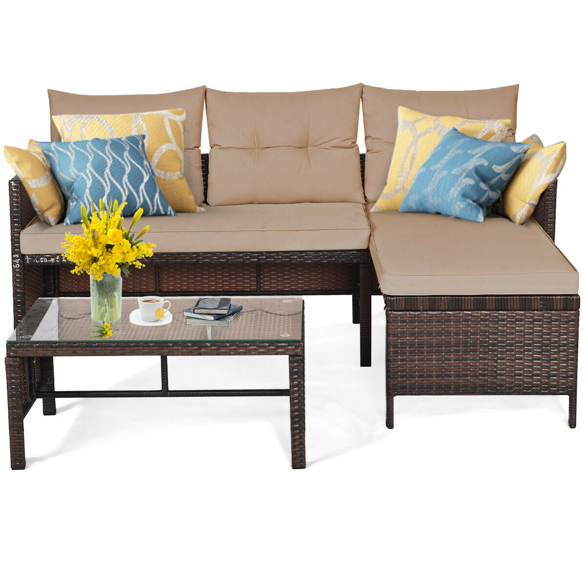 3 Pieces Patio Wicker Rattan Sofa Set-BeigeÂ