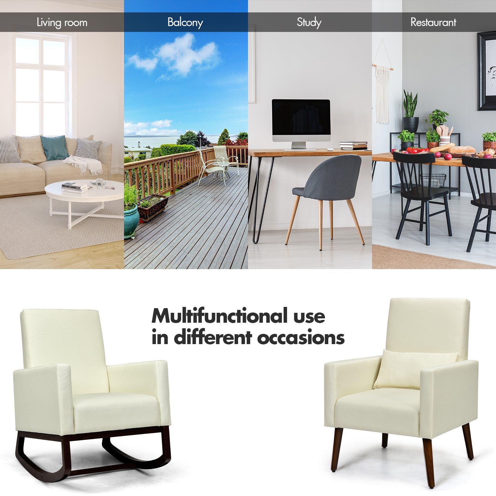 2-in-1 Fabric Upholstered Rocking Chair with Pillow-BeigeÂ