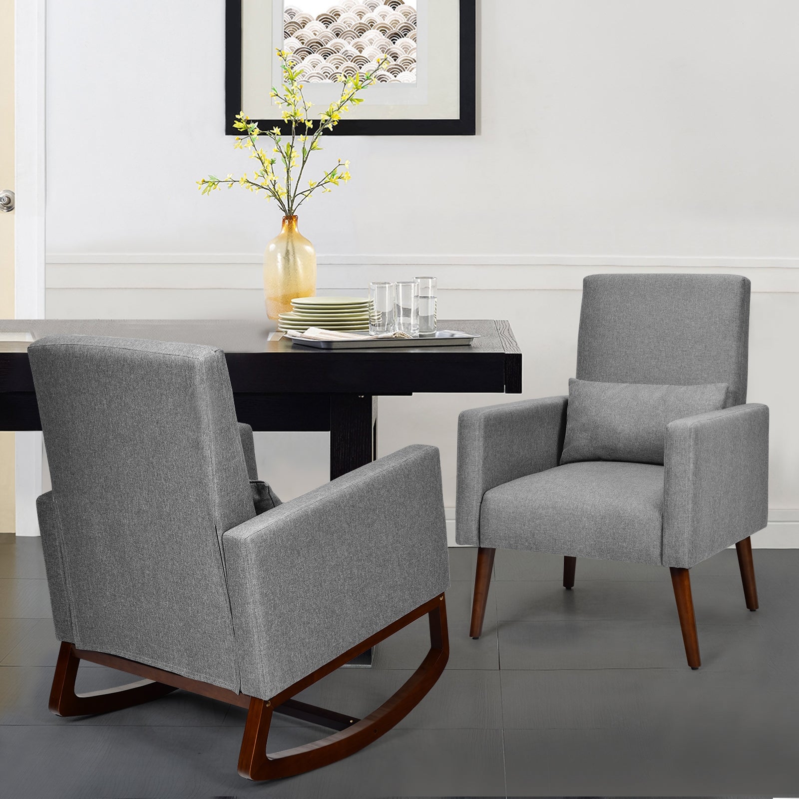 2-in-1 Fabric Upholstered Rocking Chair with Pillow-GrayÂ