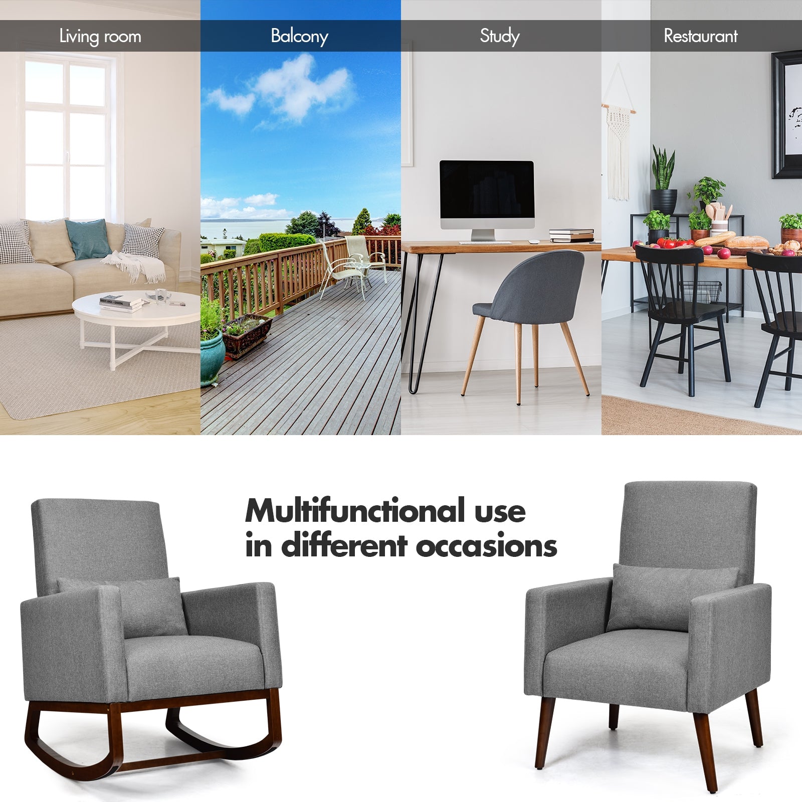 2-in-1 Fabric Upholstered Rocking Chair with Pillow-GrayÂ