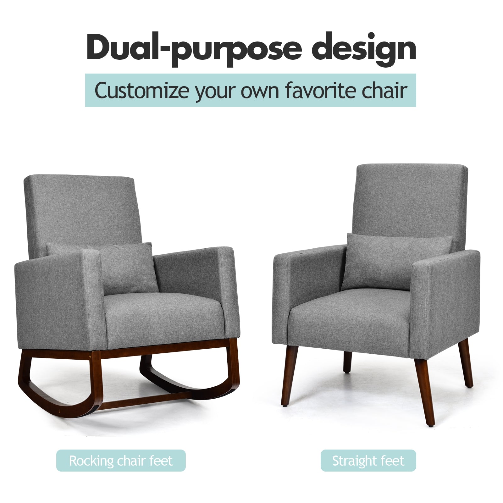 2-in-1 Fabric Upholstered Rocking Chair with Pillow-GrayÂ