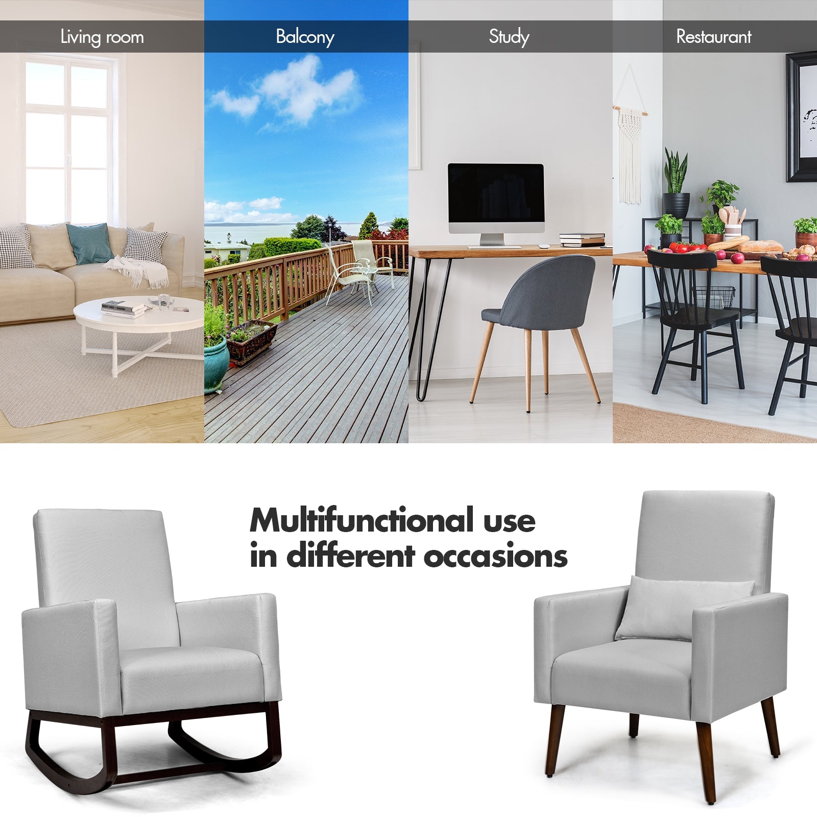 2-in-1 Fabric Upholstered Rocking Chair with Pillow-Light GrayÂ