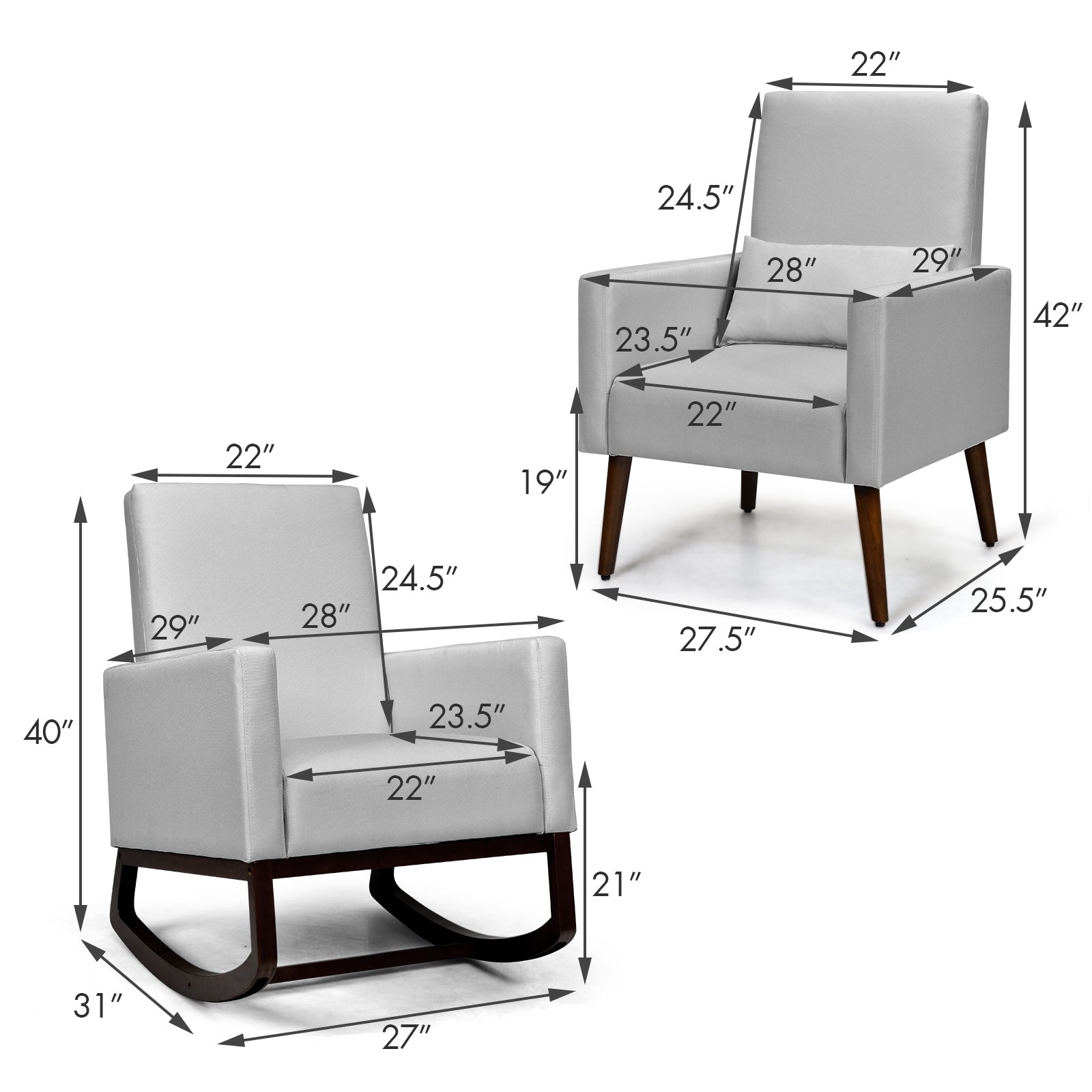 2-in-1 Fabric Upholstered Rocking Chair with Pillow-Light GrayÂ