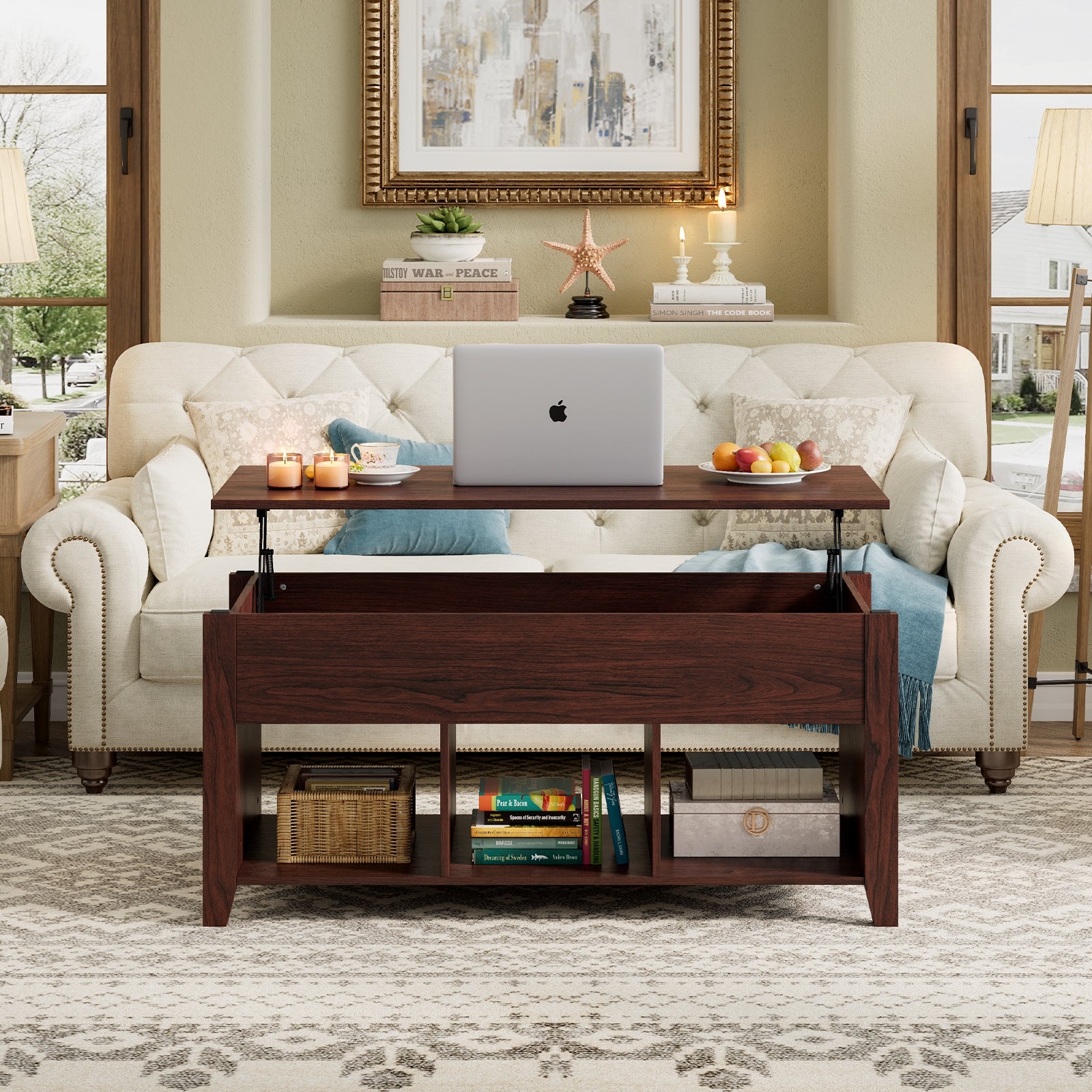 Lift Top Coffee Table with Storage Lower Shelf-BrownÂ
