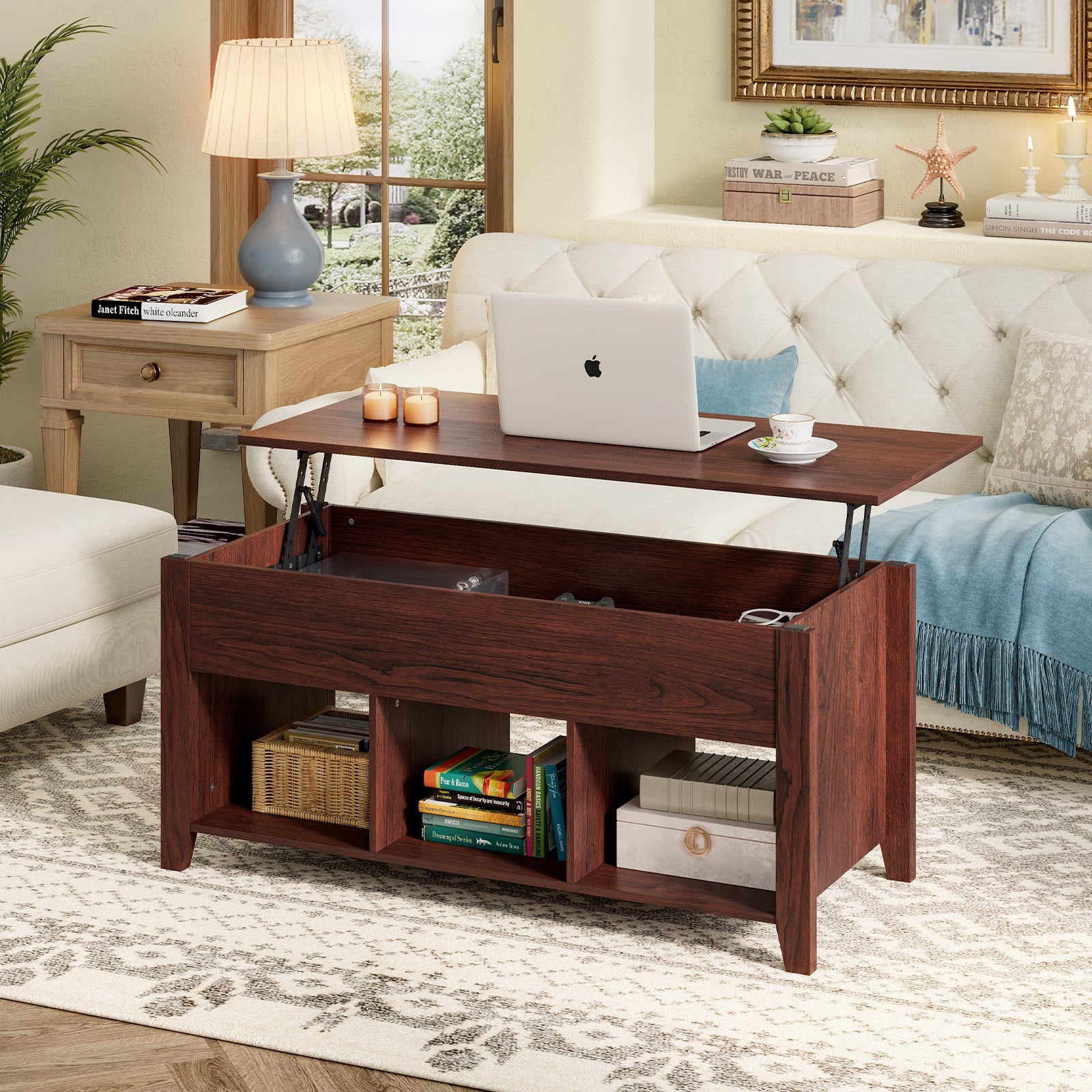 Lift Top Coffee Table with Storage Lower Shelf-BrownÂ