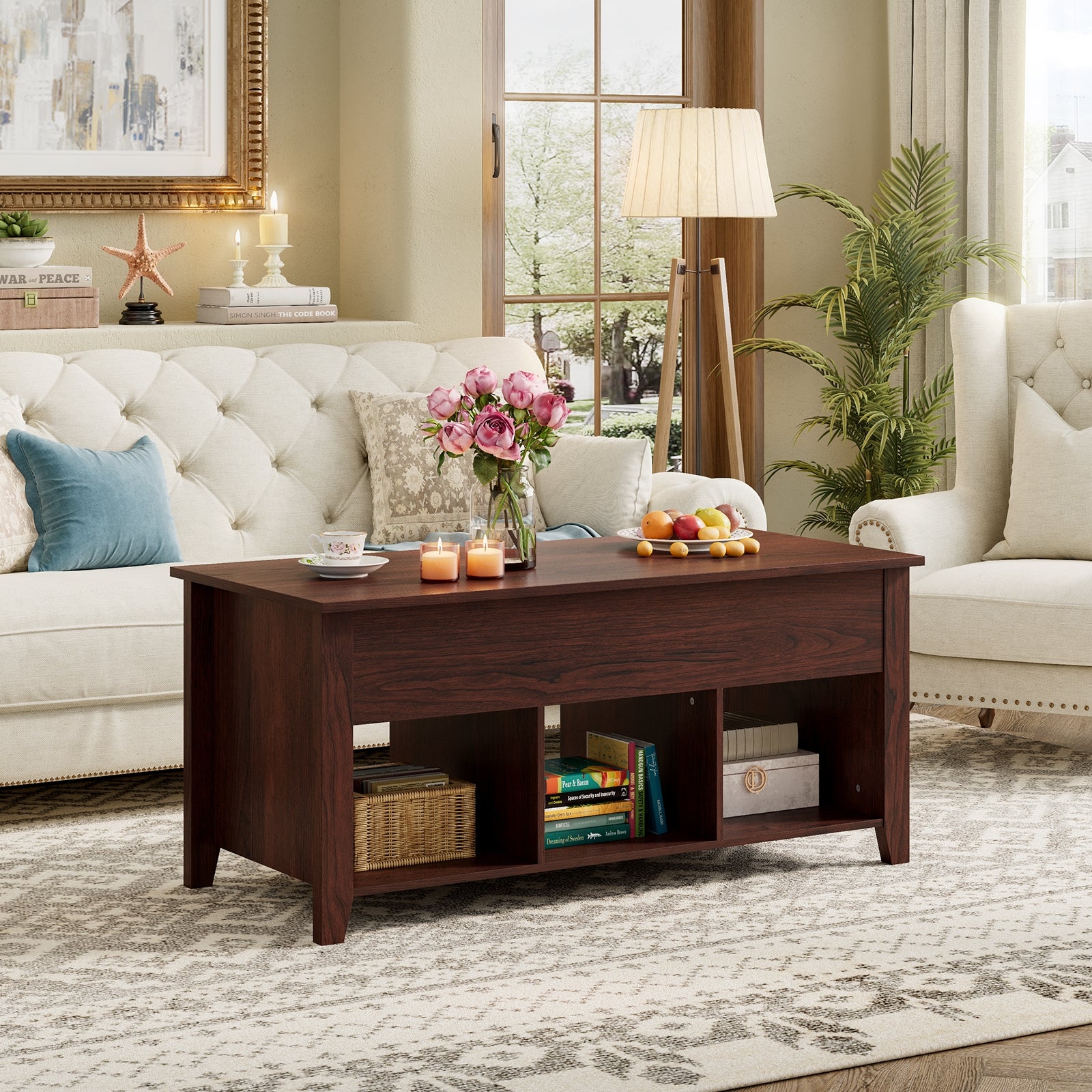 Lift Top Coffee Table with Storage Lower Shelf-BrownÂ