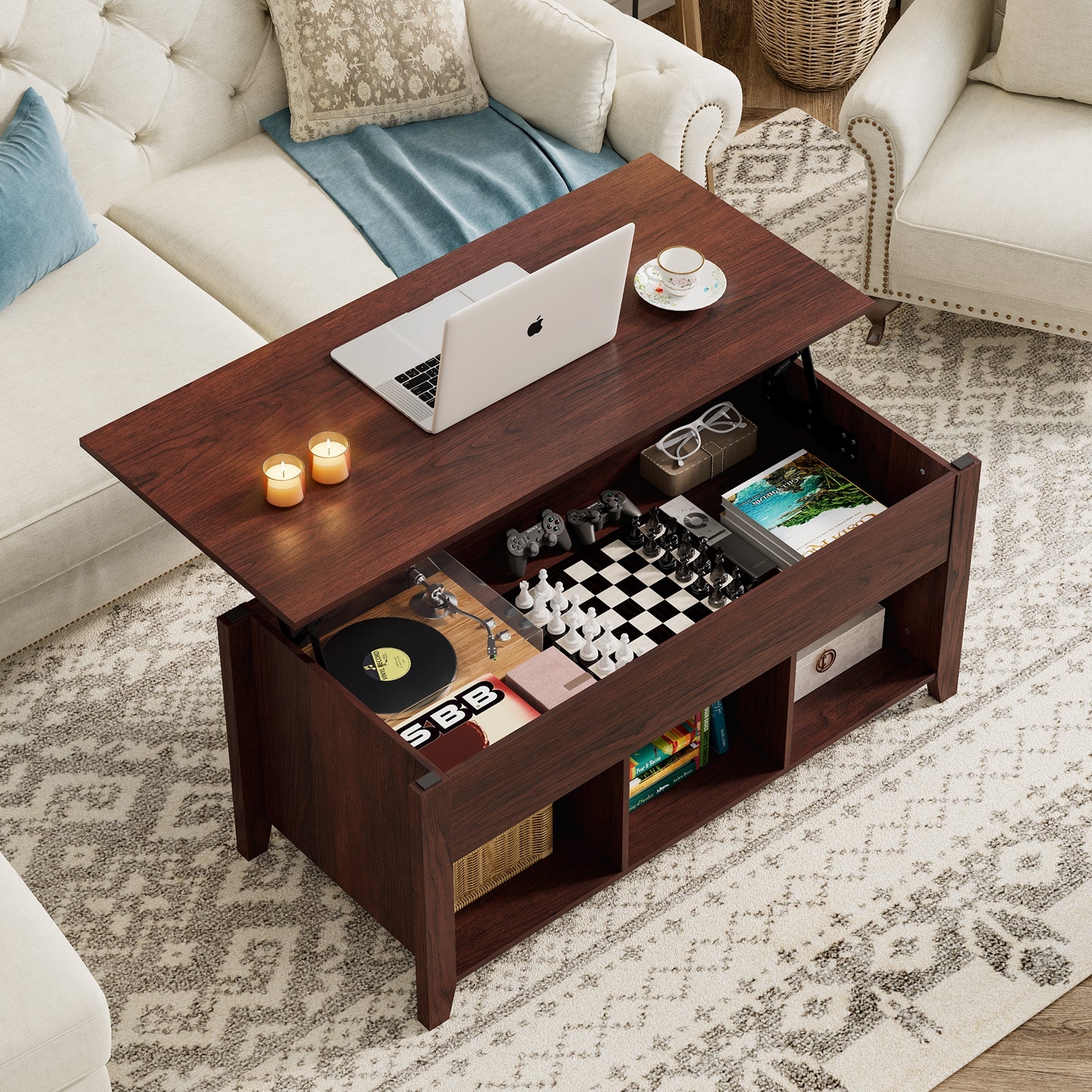 Lift Top Coffee Table with Storage Lower Shelf-BrownÂ