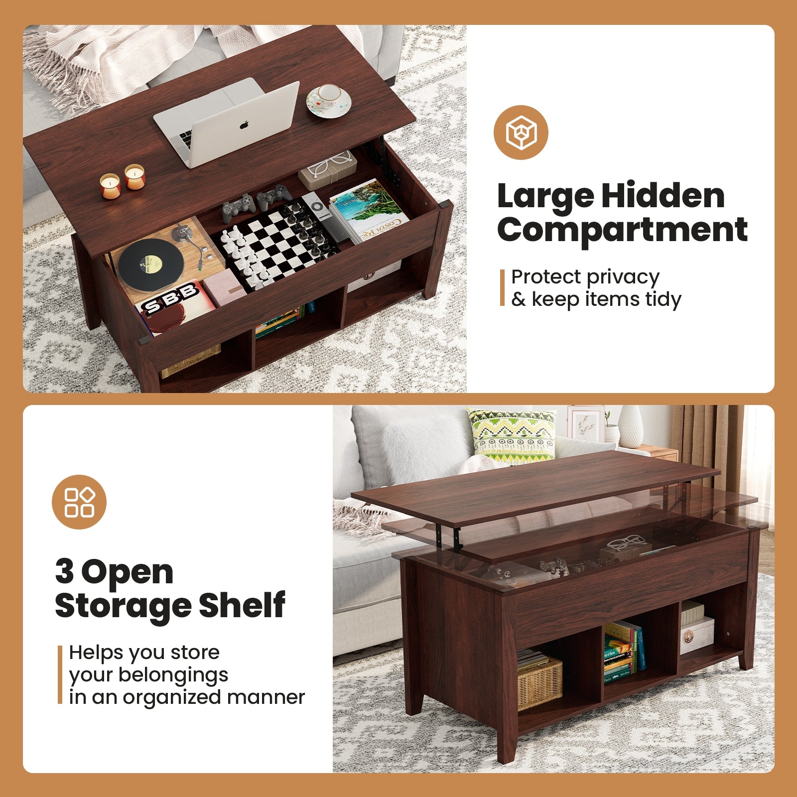 Lift Top Coffee Table with Storage Lower Shelf-BrownÂ