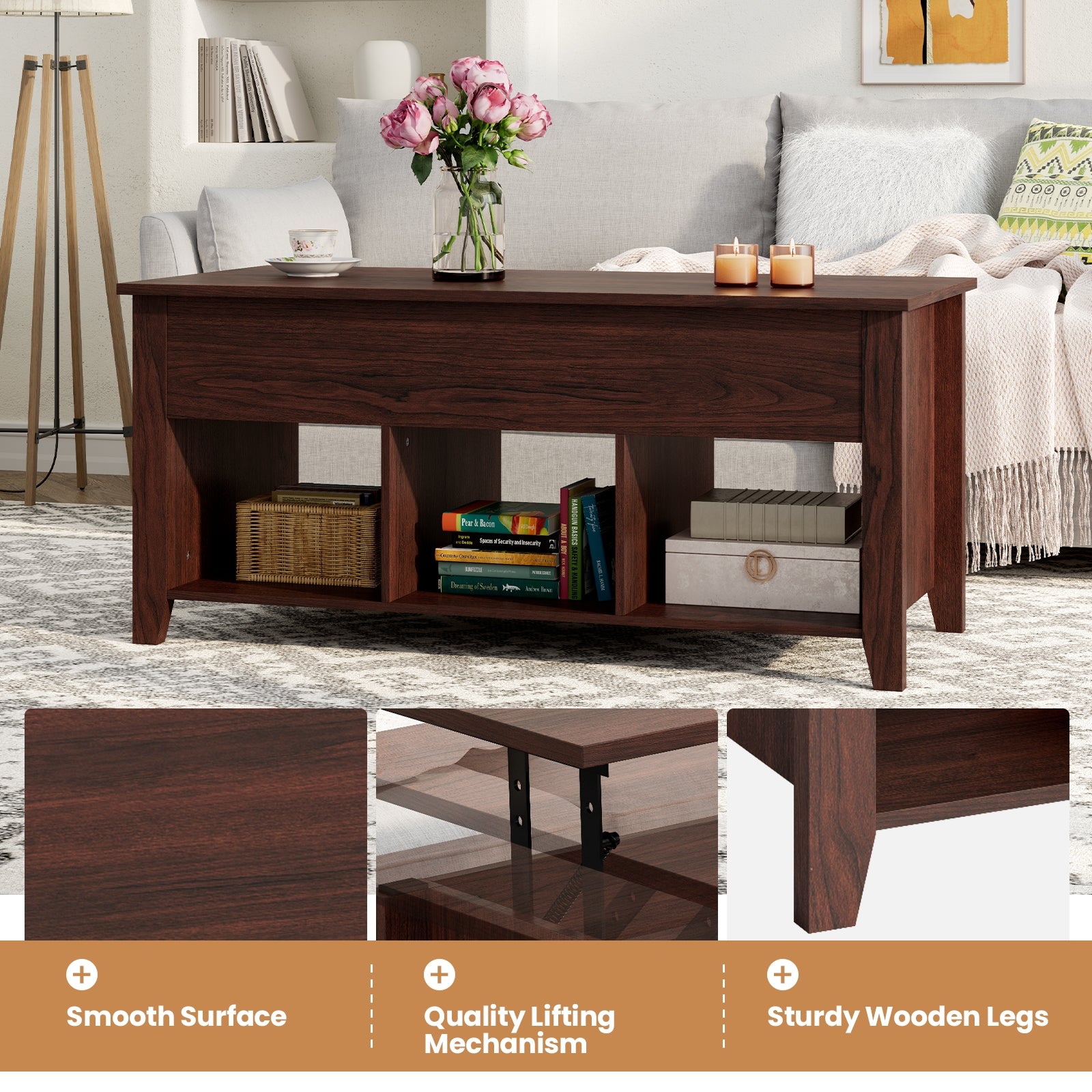 Lift Top Coffee Table with Storage Lower Shelf-BrownÂ