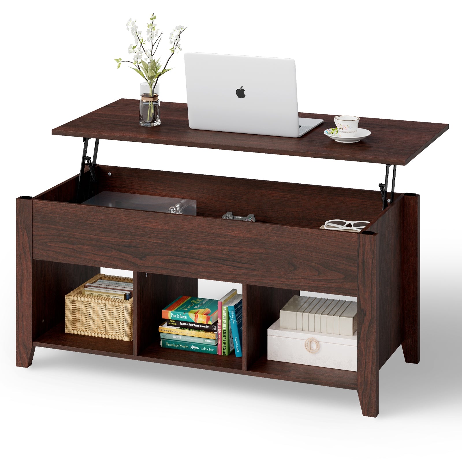 Lift Top Coffee Table with Storage Lower Shelf-BrownÂ