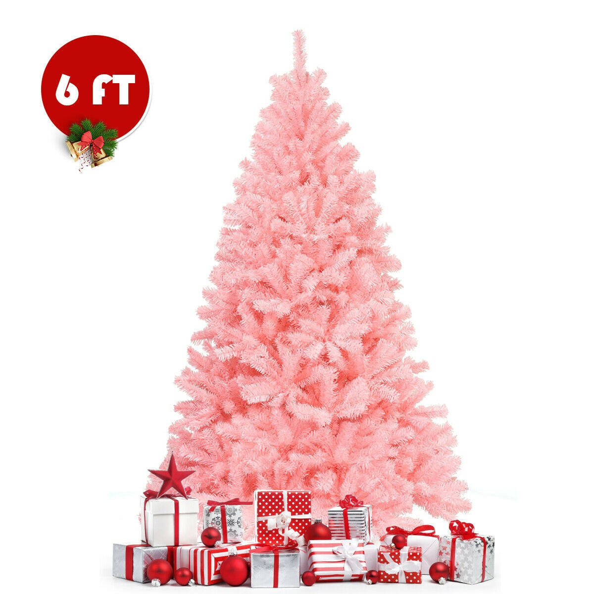 6 Feet Pink Artificial Hinged Spruce Full Christmas Tree with Foldable Metal StandÂ