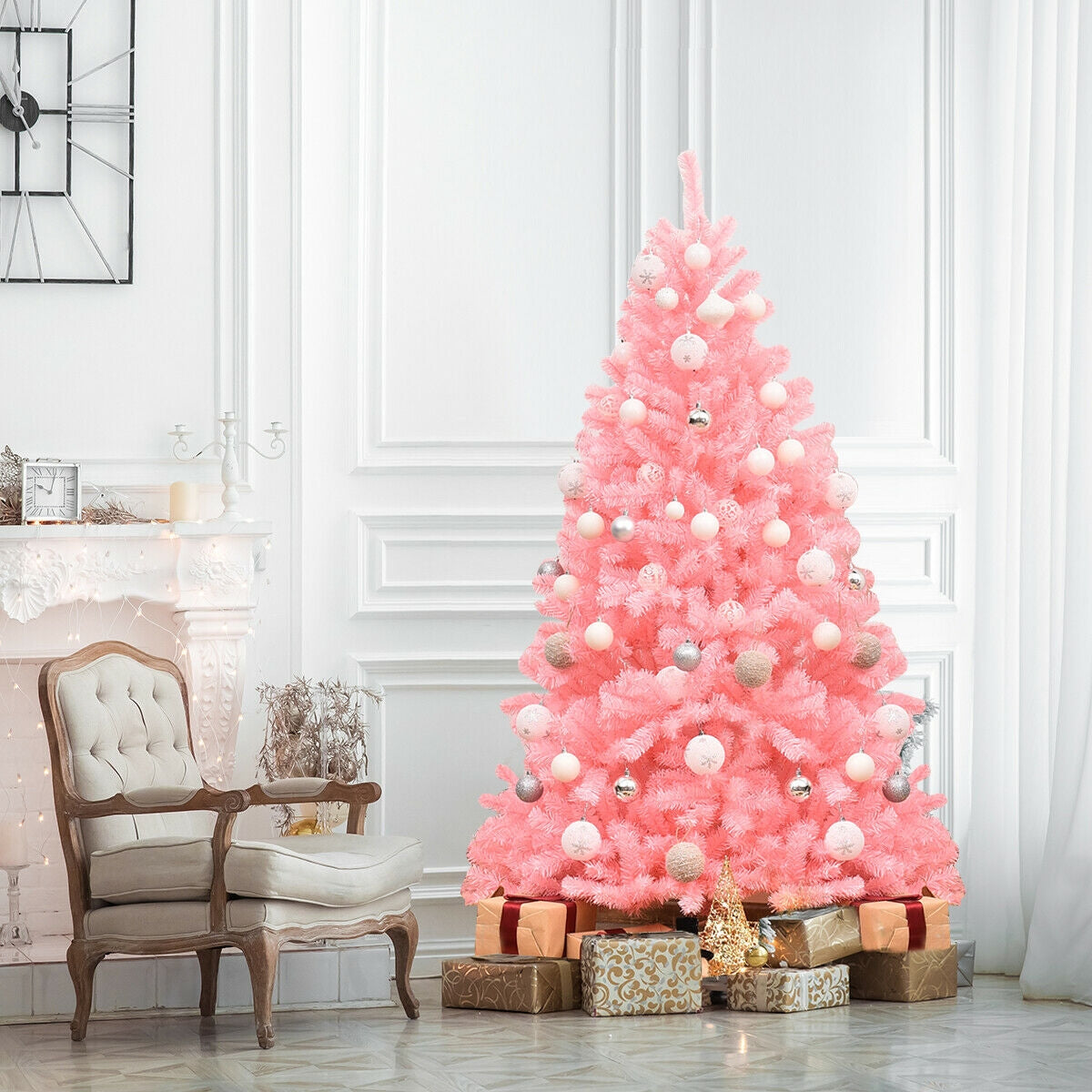 6 Feet Pink Artificial Hinged Spruce Full Christmas Tree with Foldable Metal StandÂ