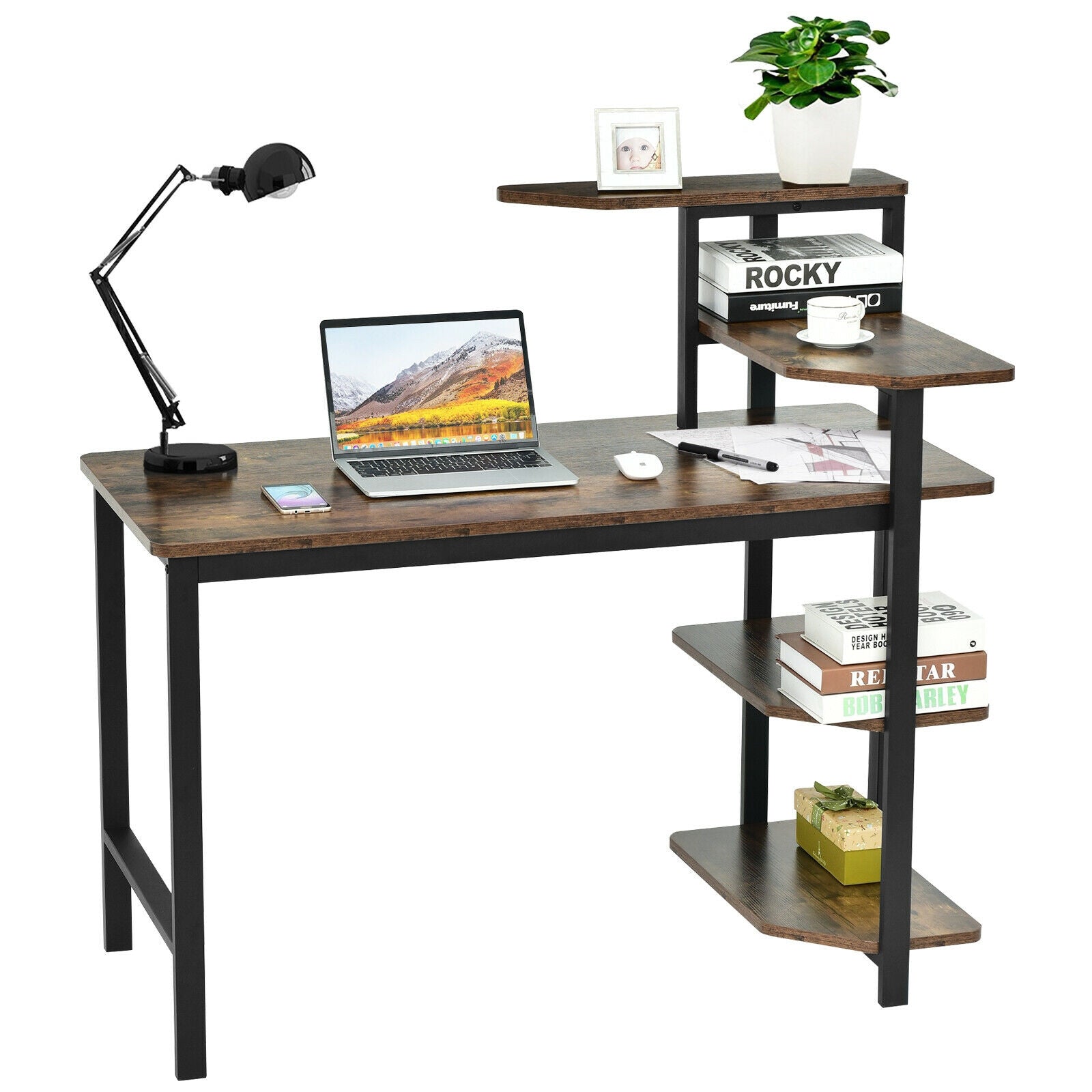 Computer Desk Writing Study Table with Storage Shelves Home Office Rustic Brown-Rustic BrownÂ