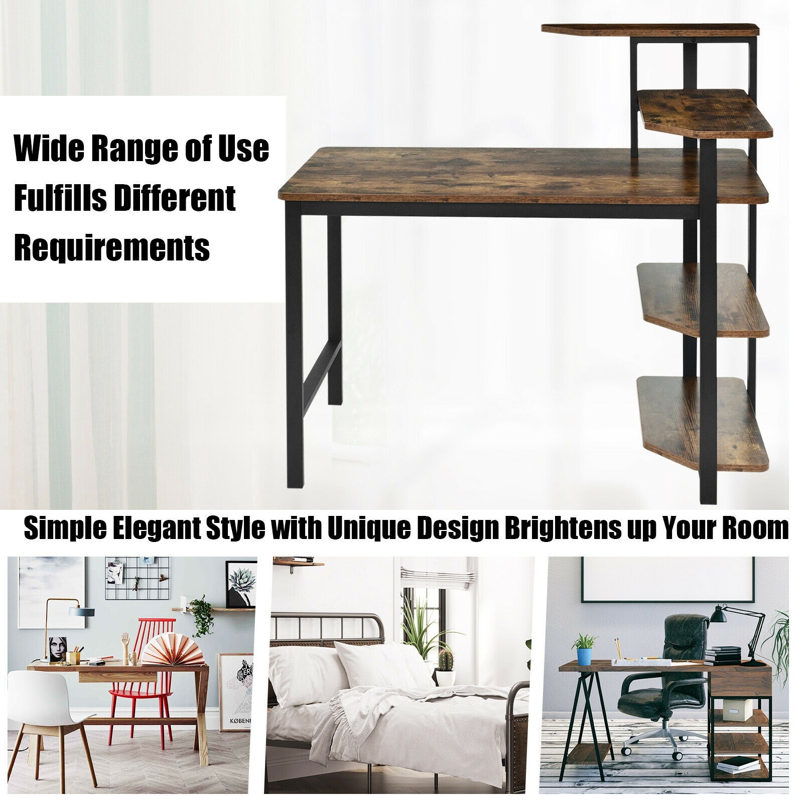 Computer Desk Writing Study Table with Storage Shelves Home Office Rustic Brown-Rustic BrownÂ