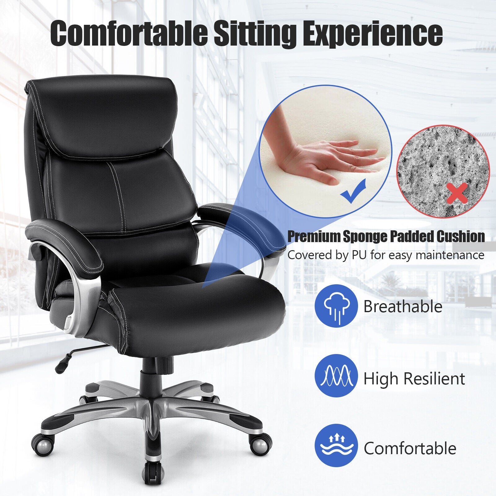 Adjustable Executive Office Recliner Chair with High Back and Lumbar Support-BlackÂ