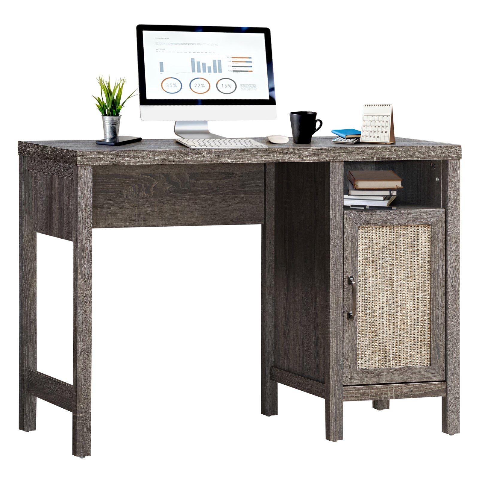 Rustic Computer Desk Writing Table Study Workstation with Storage Cabinet-GrayÂ