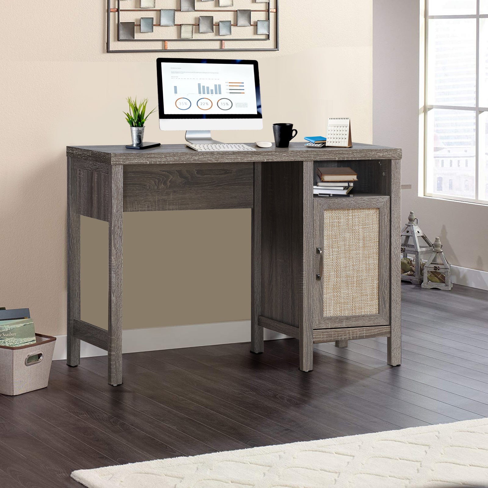 Rustic Computer Desk Writing Table Study Workstation with Storage Cabinet-GrayÂ
