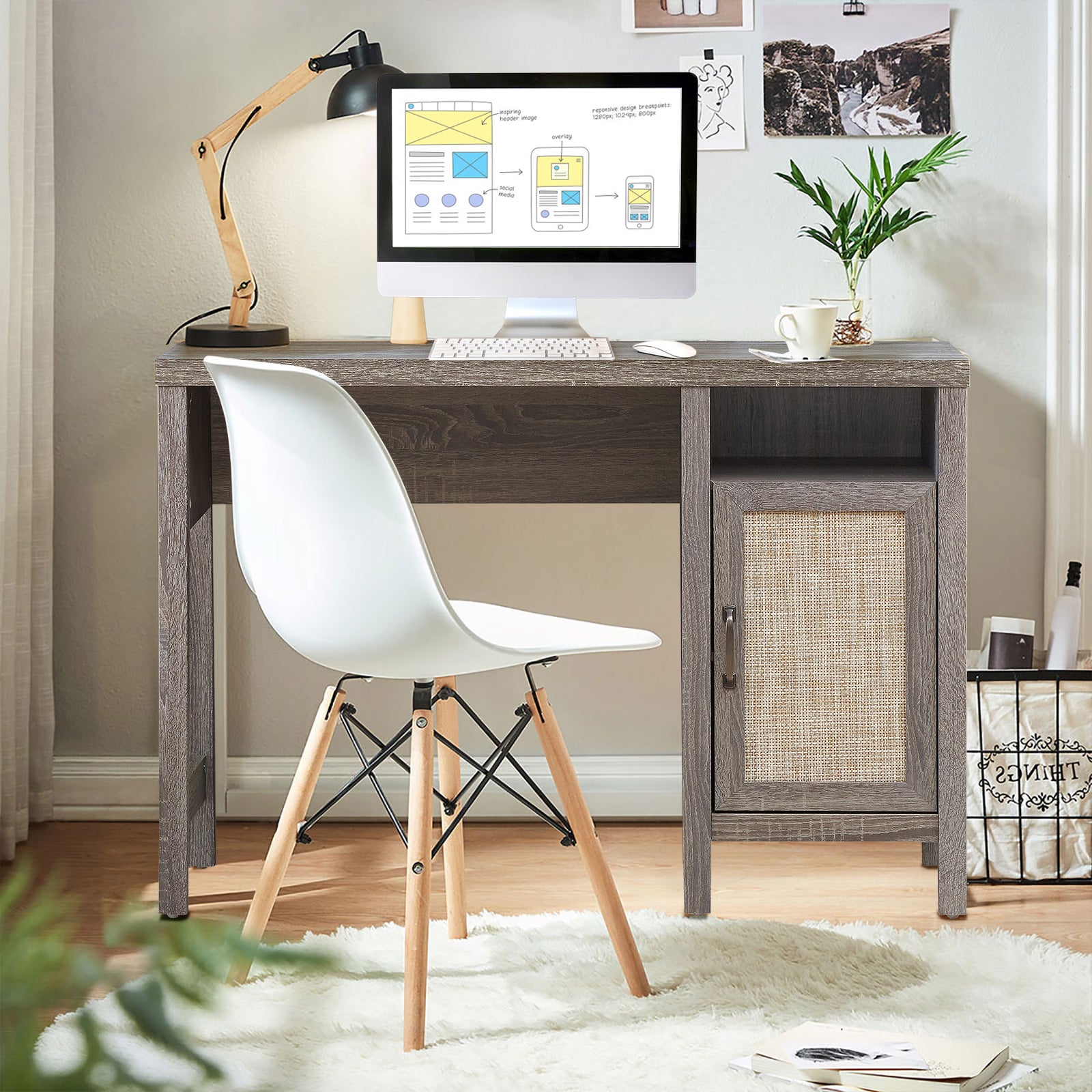 Rustic Computer Desk Writing Table Study Workstation with Storage Cabinet-GrayÂ