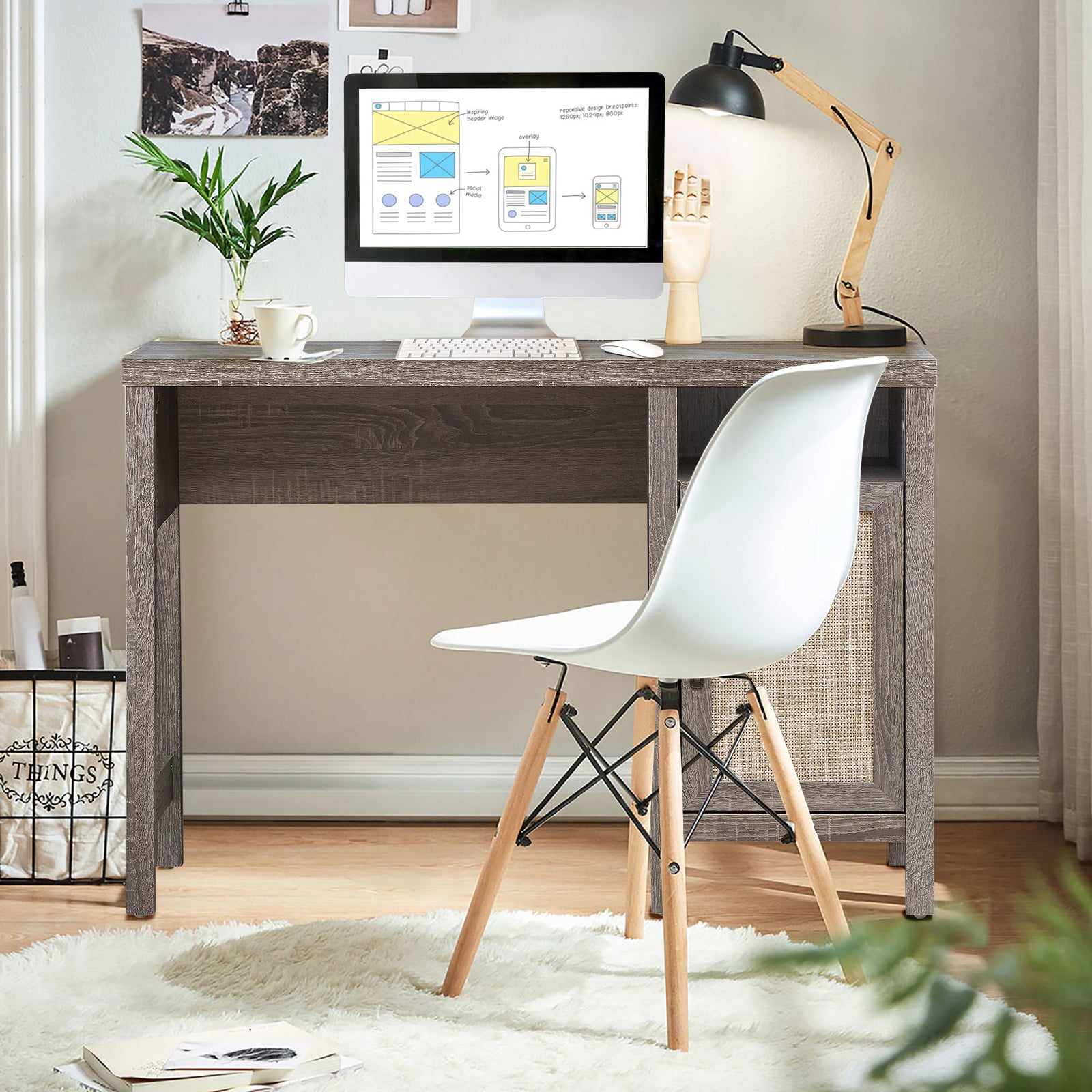 Rustic Computer Desk Writing Table Study Workstation with Storage Cabinet-GrayÂ