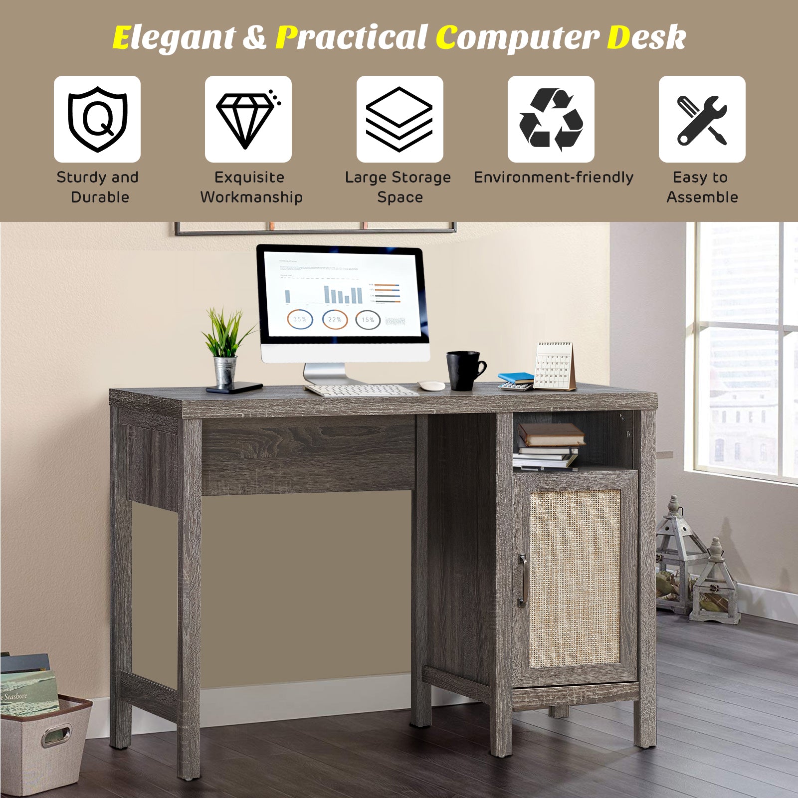Rustic Computer Desk Writing Table Study Workstation with Storage Cabinet-GrayÂ