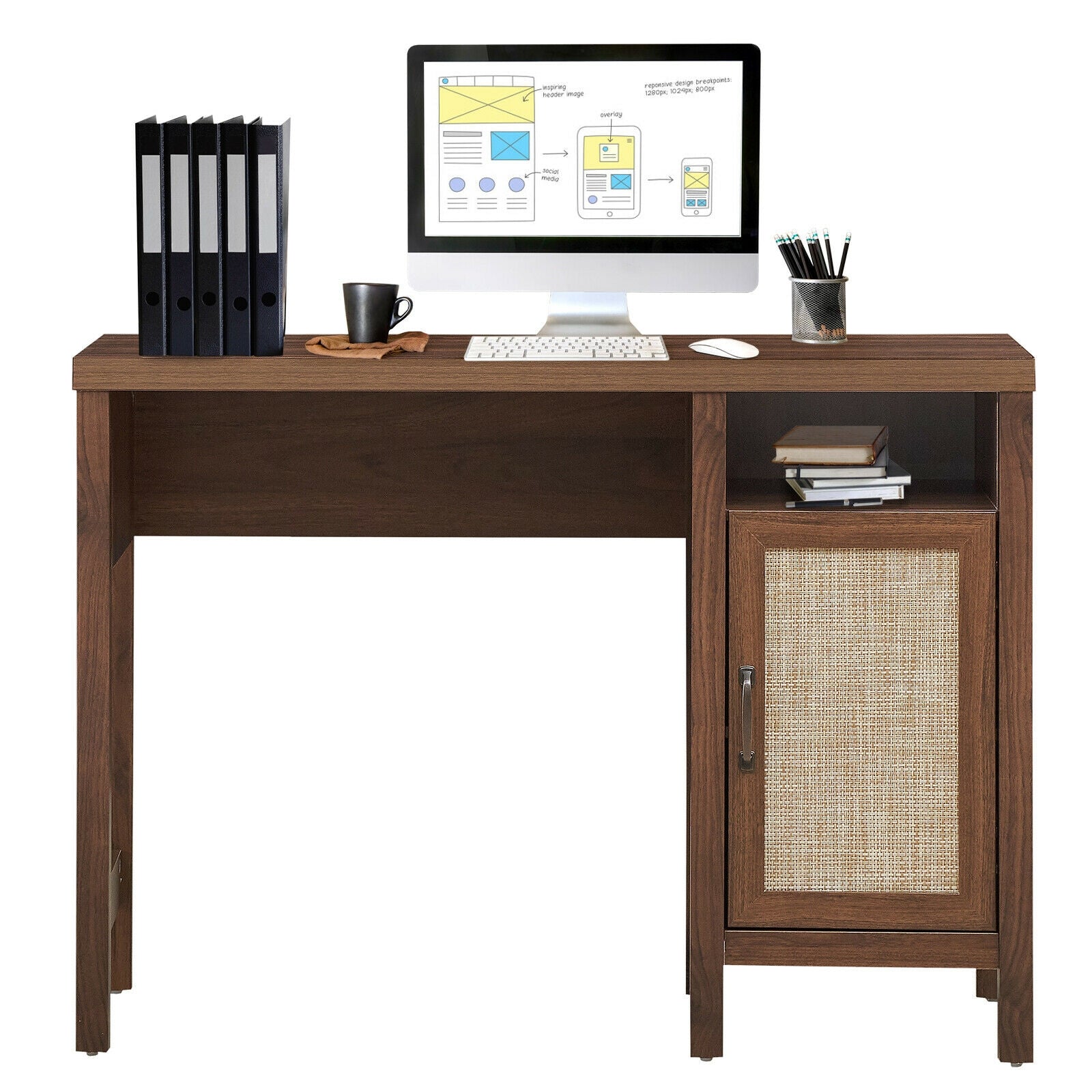 Rustic Computer Desk Writing Table Study Workstation with Storage Cabinet-WalnutÂ