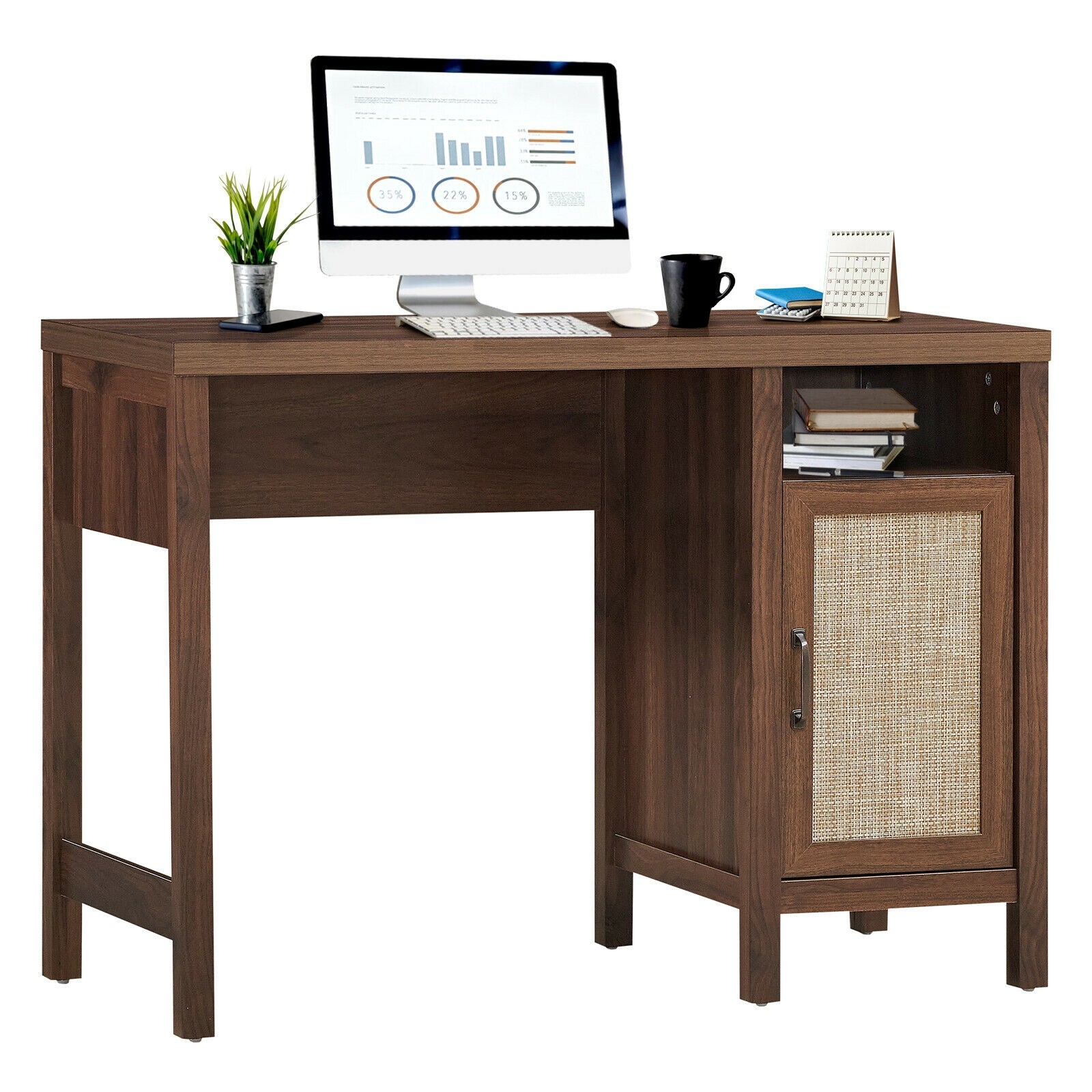 Rustic Computer Desk Writing Table Study Workstation with Storage Cabinet-WalnutÂ