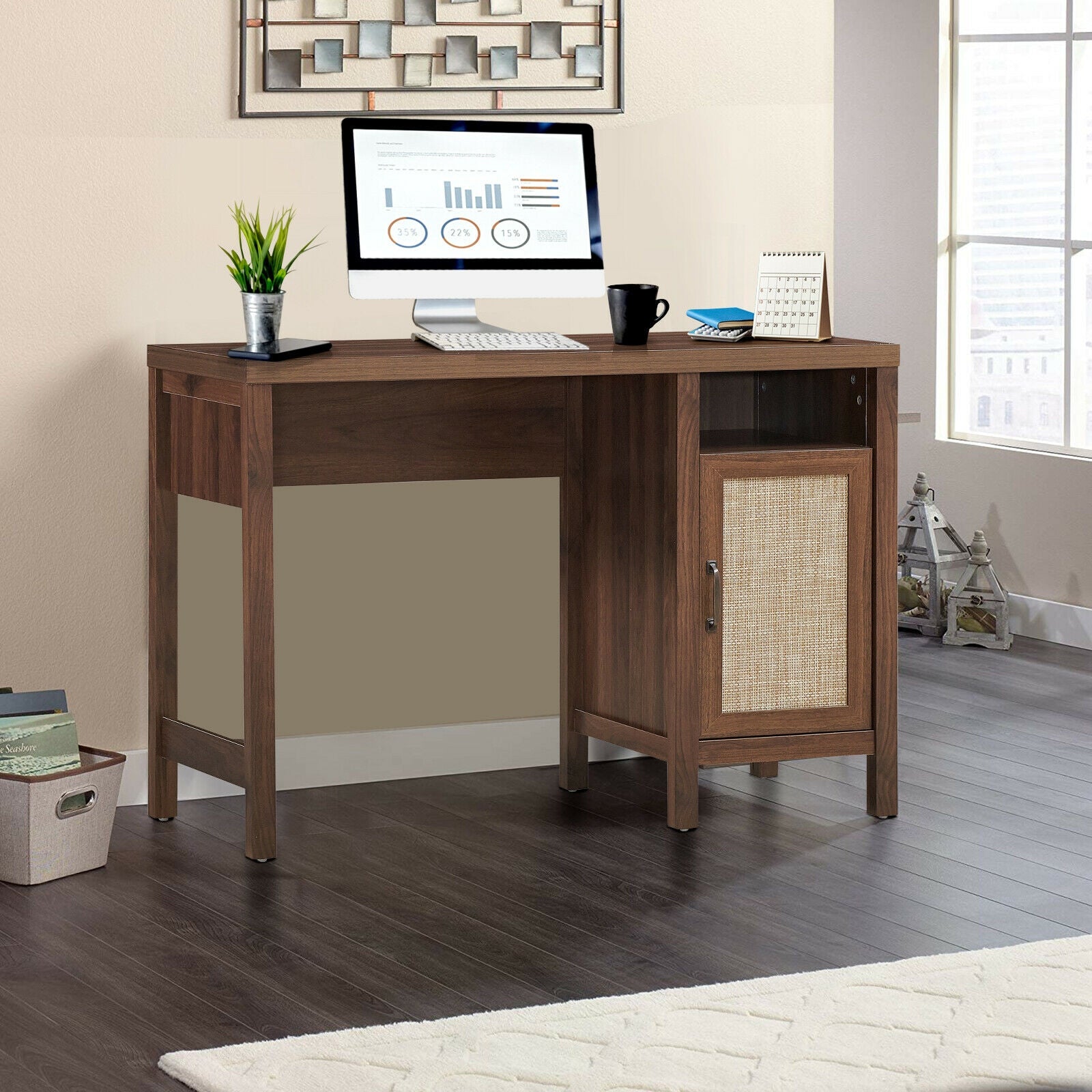 Rustic Computer Desk Writing Table Study Workstation with Storage Cabinet-WalnutÂ