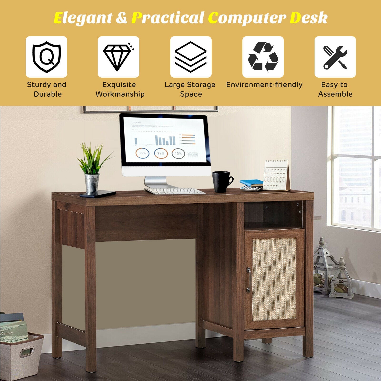 Rustic Computer Desk Writing Table Study Workstation with Storage Cabinet-WalnutÂ