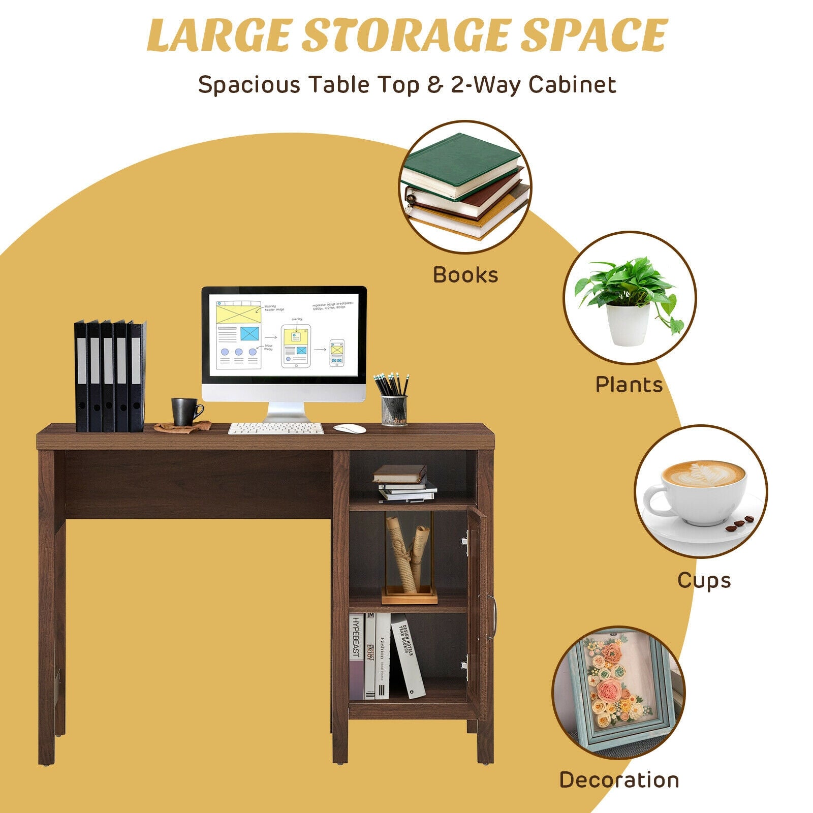 Rustic Computer Desk Writing Table Study Workstation with Storage Cabinet-WalnutÂ