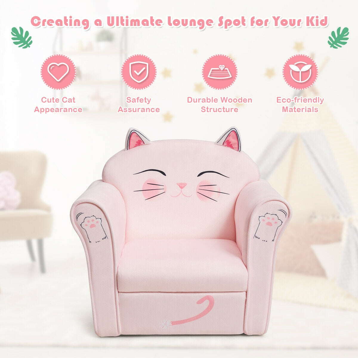 Kids Upholstered Cat Armrest Couch Sofa with Linen FabricÂ