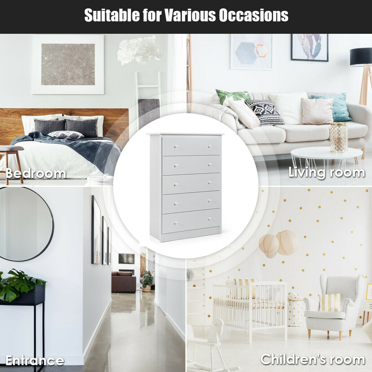 Functional Storage Organized Dresser with 5 Drawer-WhiteÂ