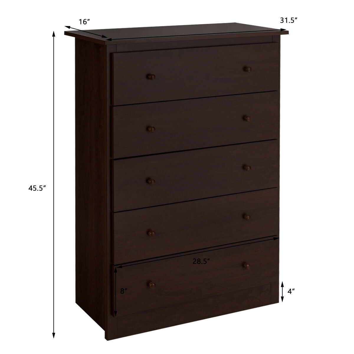 Functional Storage Organized Dresser with 5 Drawer-Dark BrownÂ
