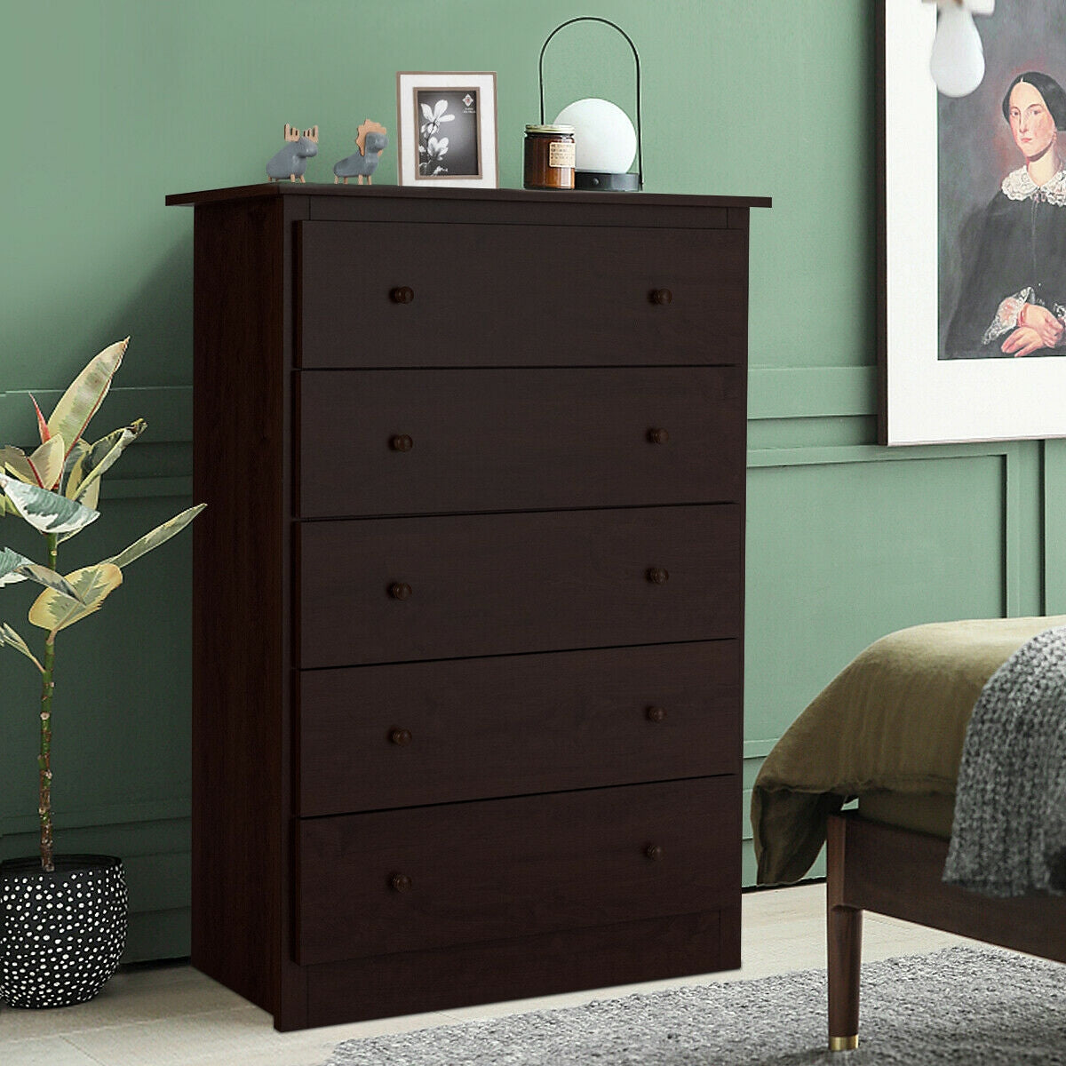 Functional Storage Organized Dresser with 5 Drawer-Dark BrownÂ