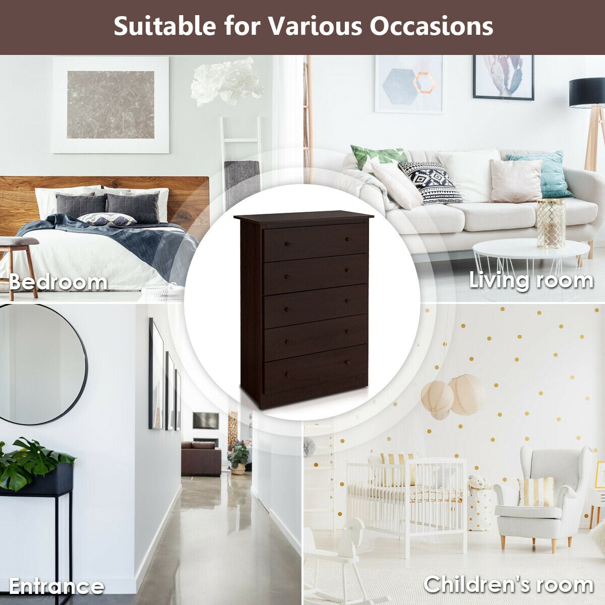 Functional Storage Organized Dresser with 5 Drawer-Dark BrownÂ