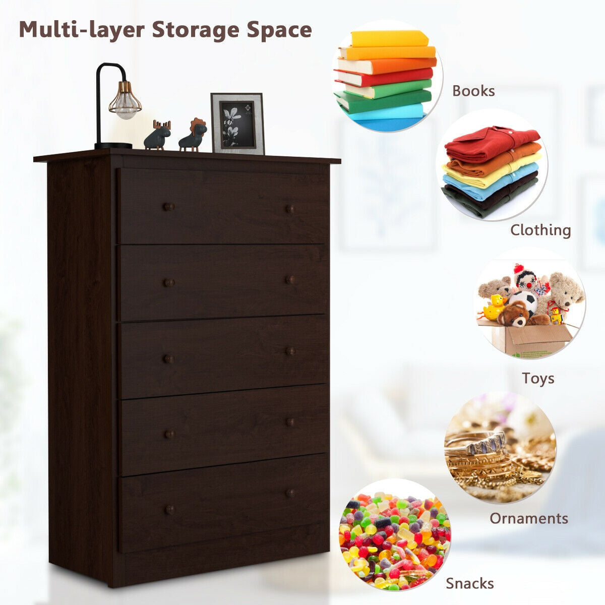 Functional Storage Organized Dresser with 5 Drawer-Dark BrownÂ