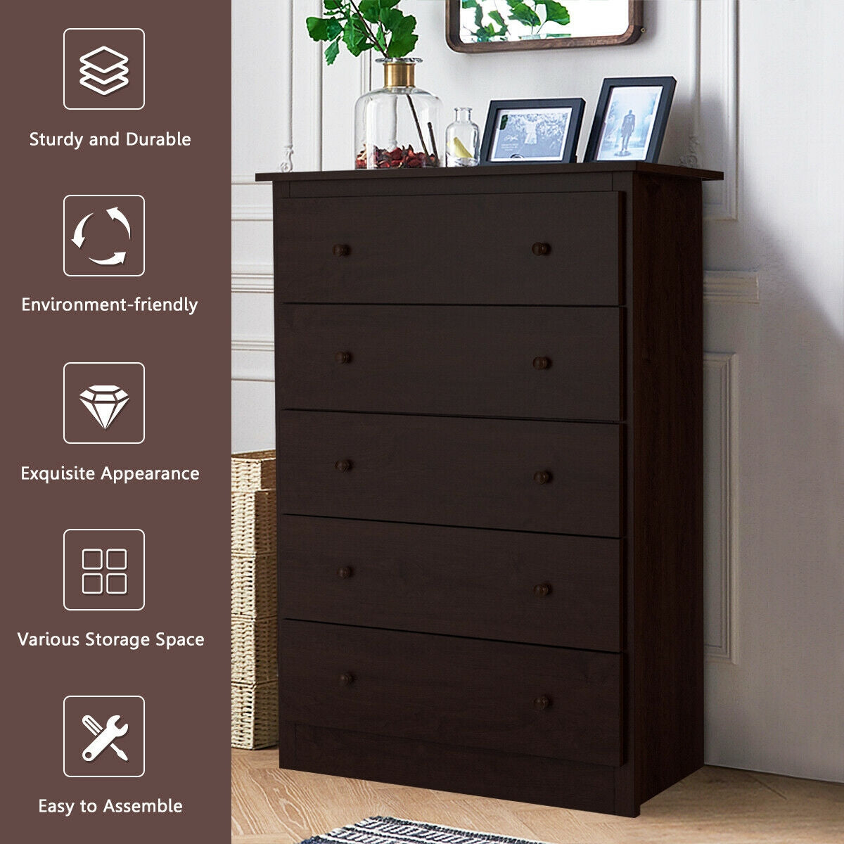 Functional Storage Organized Dresser with 5 Drawer-Dark BrownÂ