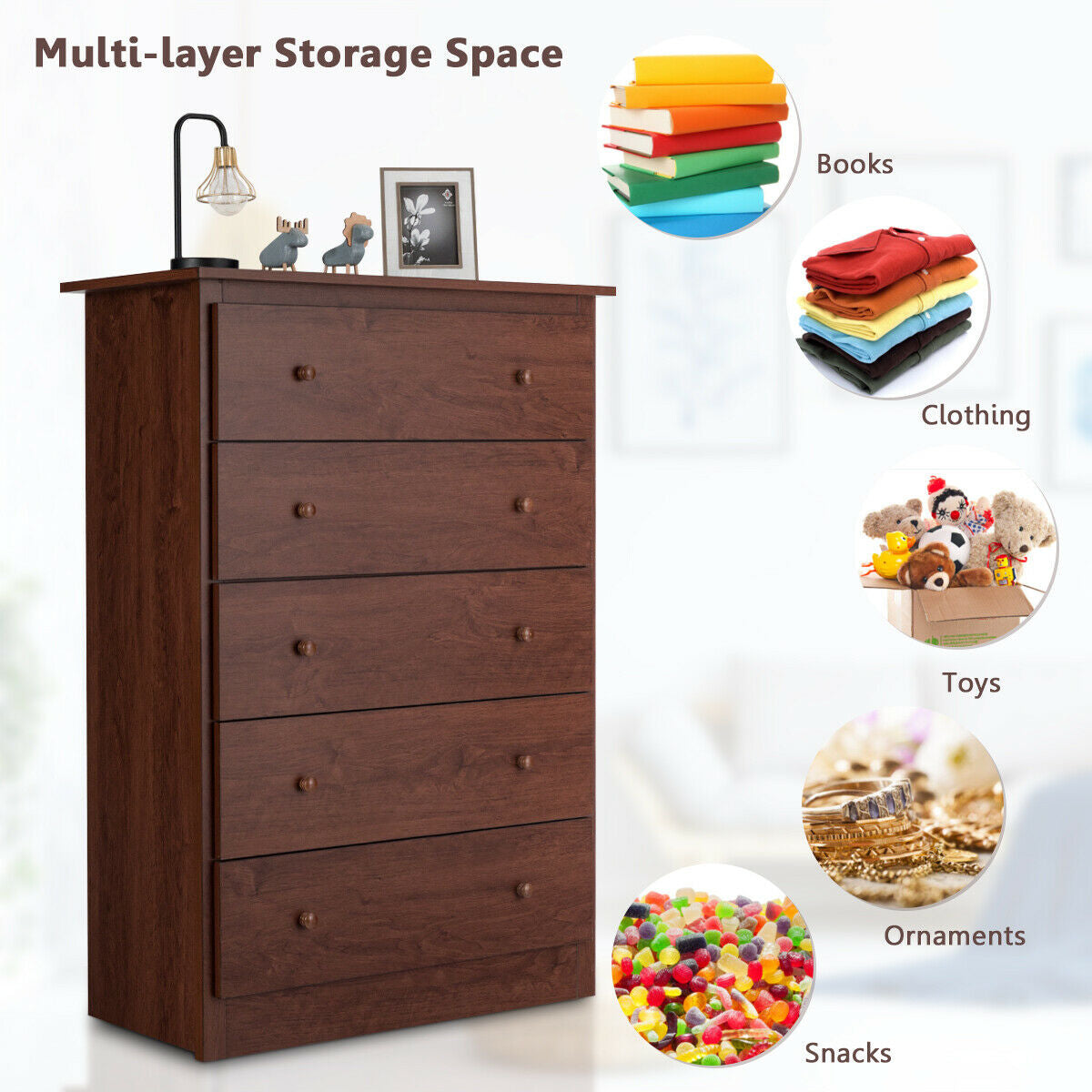 Functional Storage Organized Dresser with 5 Drawer-BrownÂ