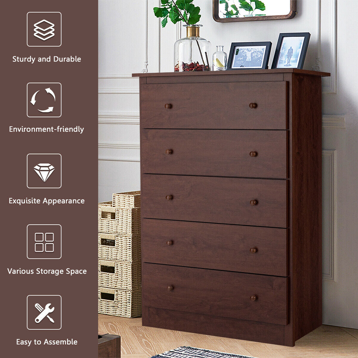 Functional Storage Organized Dresser with 5 Drawer-BrownÂ