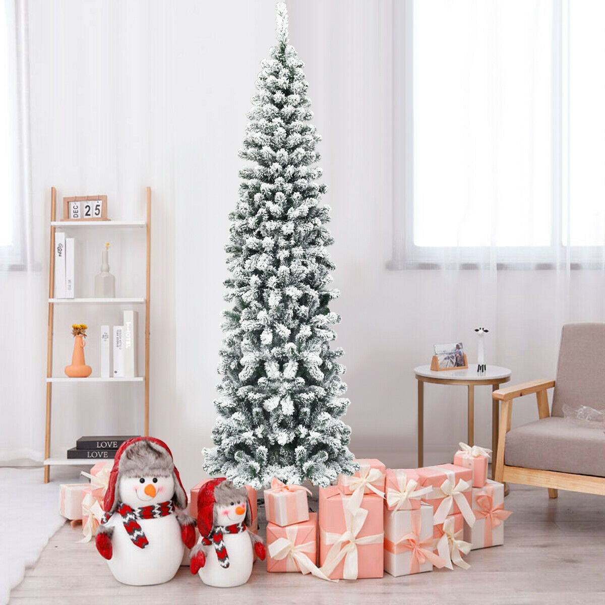 7.5 Feet Unlit Hinged Snow Flocked Artificial Pencil Christmas Tree with 641 TipsÂ