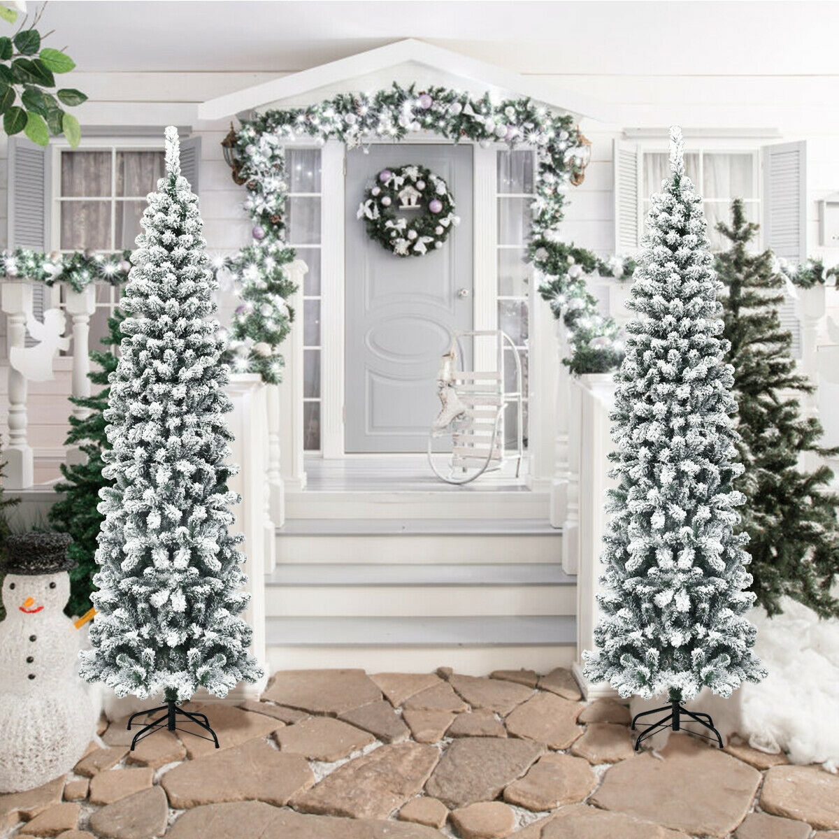 7.5 Feet Unlit Hinged Snow Flocked Artificial Pencil Christmas Tree with 641 TipsÂ