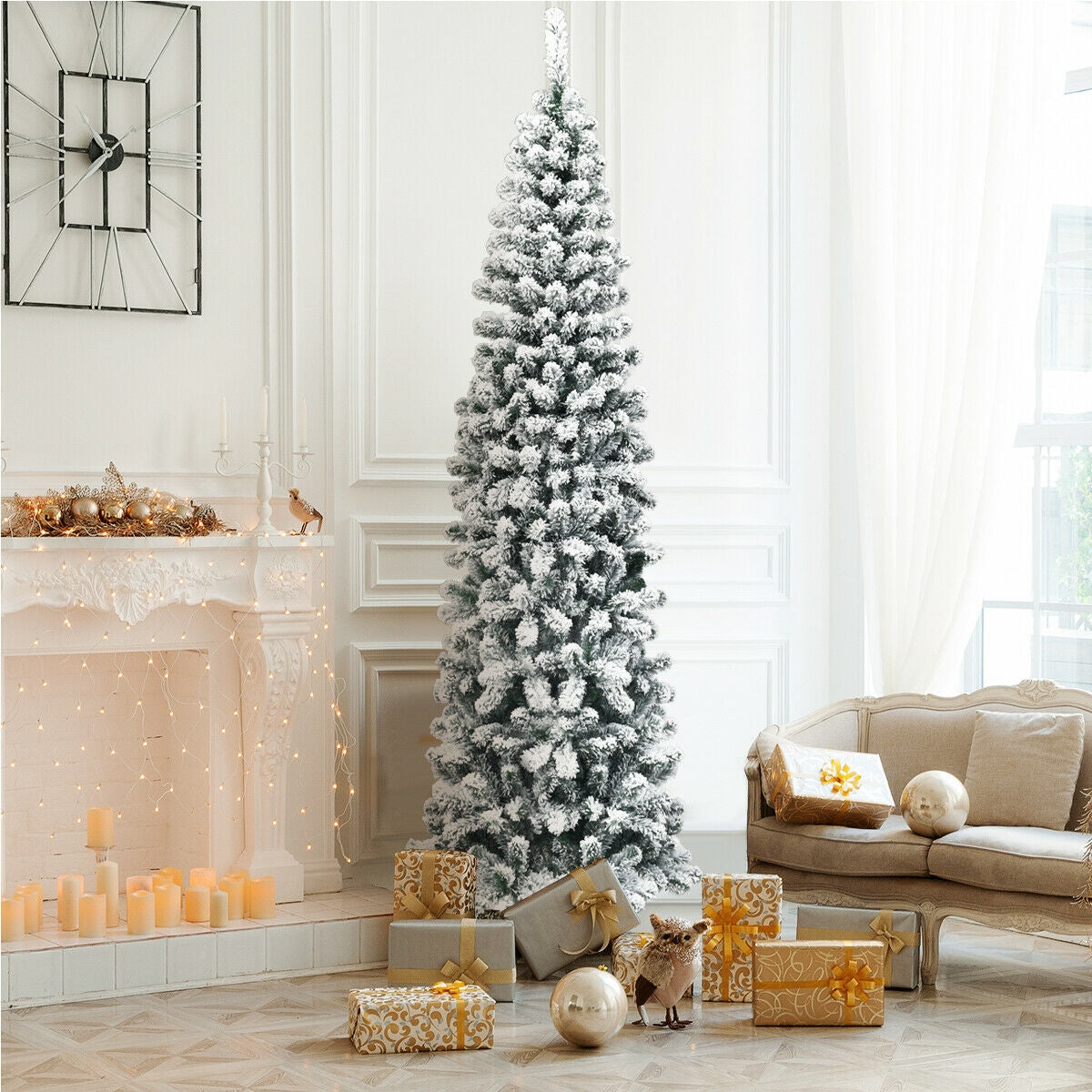 7.5 Feet Unlit Hinged Snow Flocked Artificial Pencil Christmas Tree with 641 TipsÂ